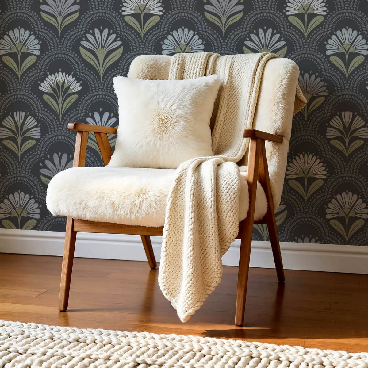 Petra Scandinavian Folk Flower Slate Sage Sky Wallpaper