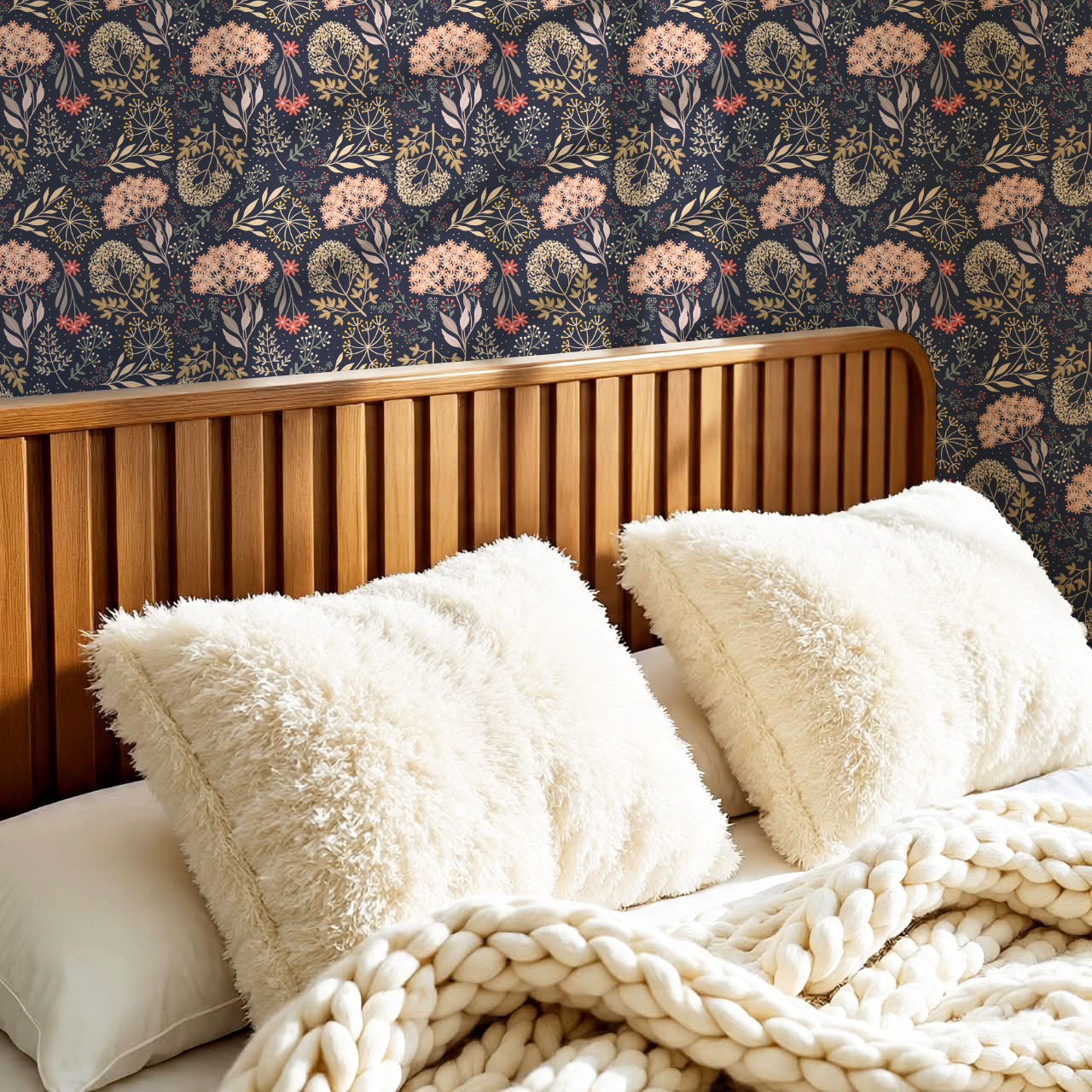 Queen Anne's Lace Botanicals Navy Pink Wallpaper