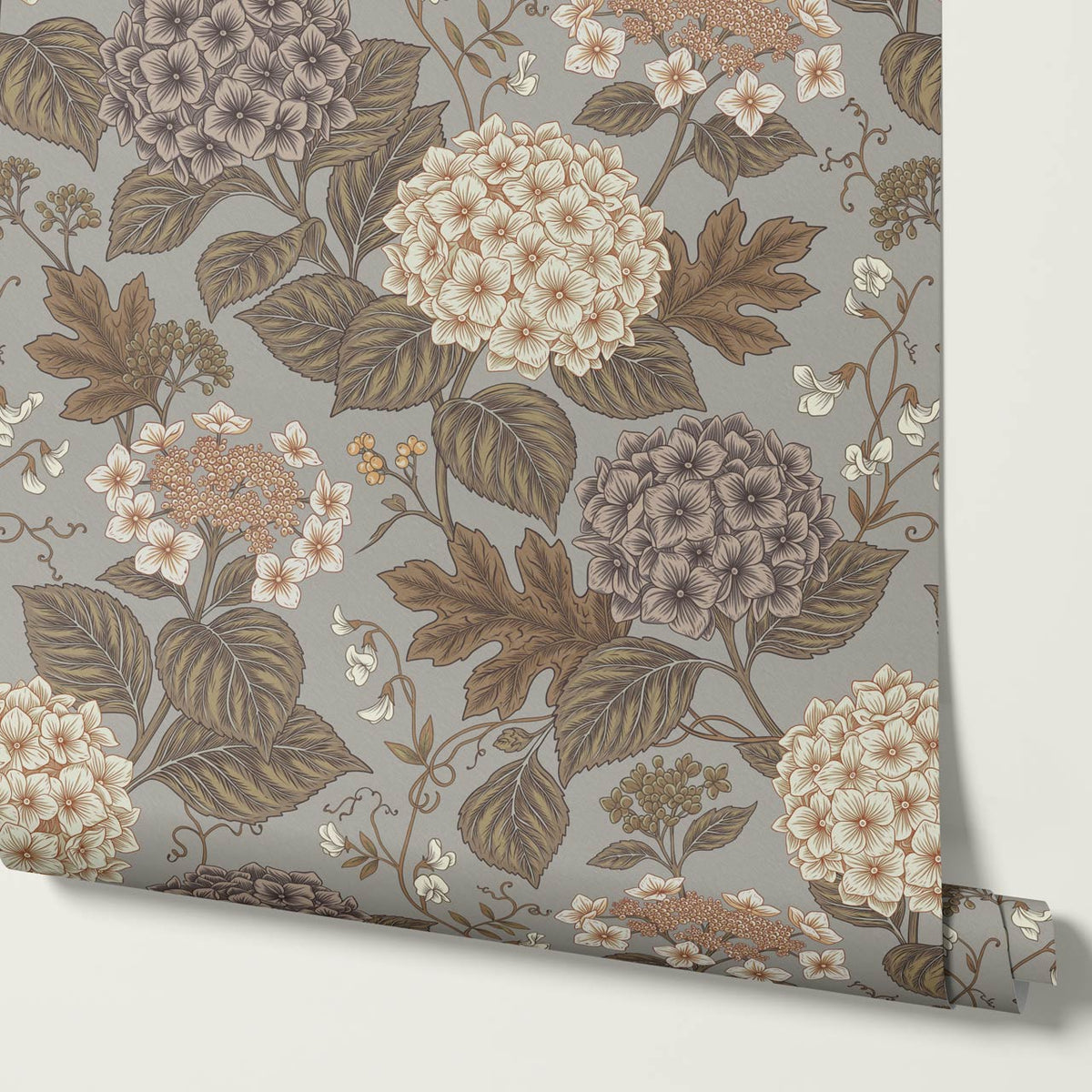 Regina Hydrangea Dove Gray Brown Wallpaper