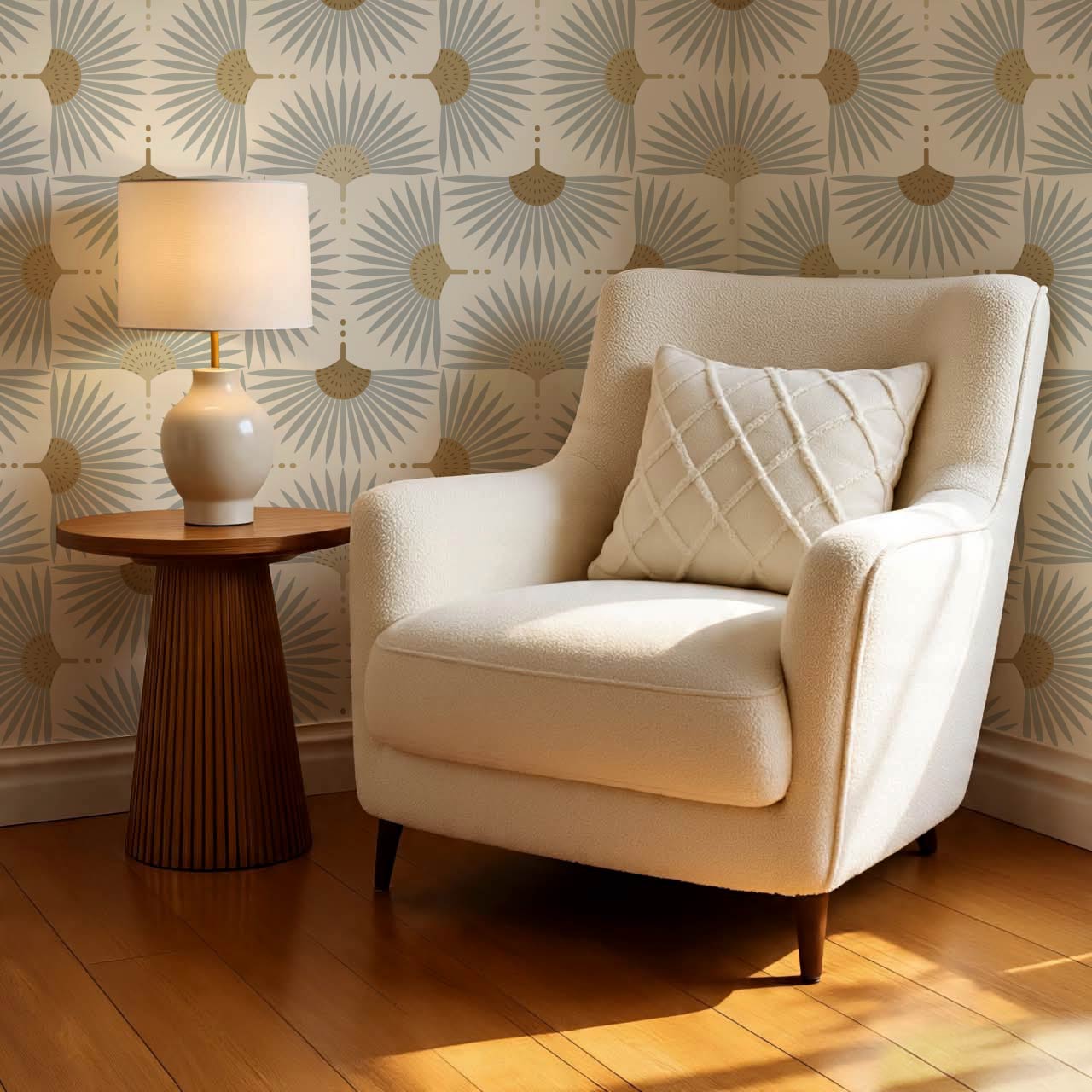 Renilda Mid-Century Sunburst Pale Gray Mustard Wallpaper
