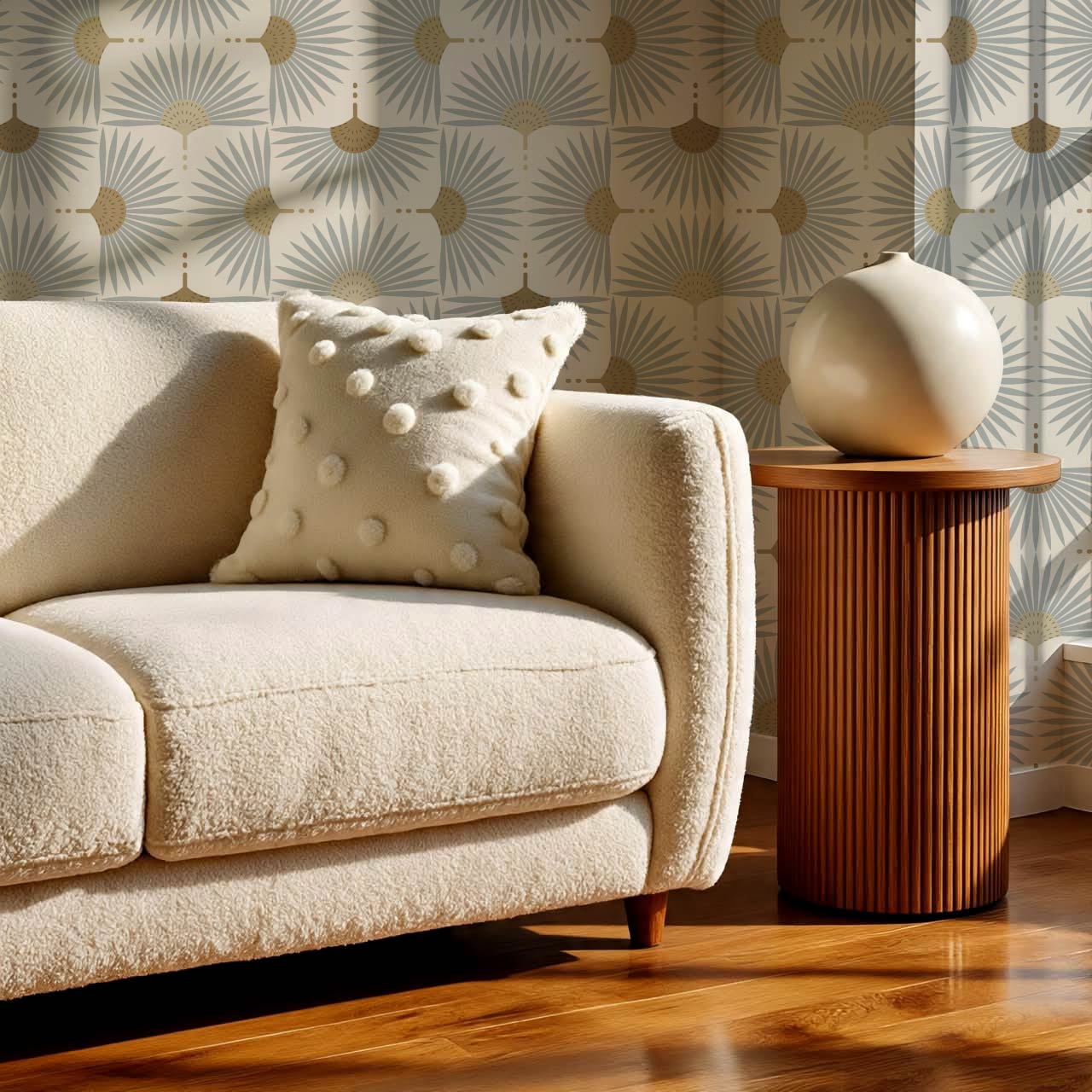 Renilda Mid-Century Sunburst Pale Gray Mustard Wallpaper