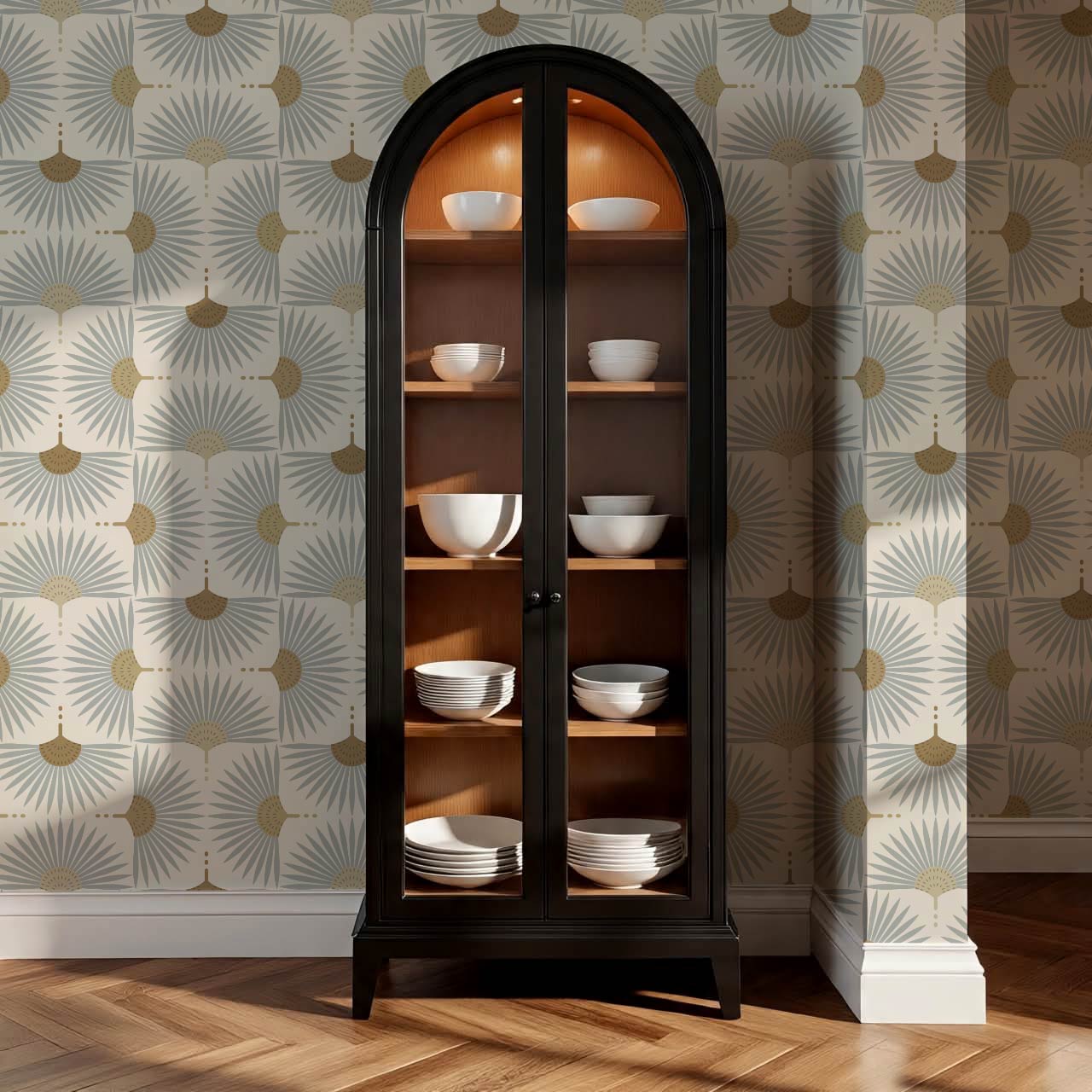 Renilda Mid-Century Sunburst Pale Gray Mustard Wallpaper