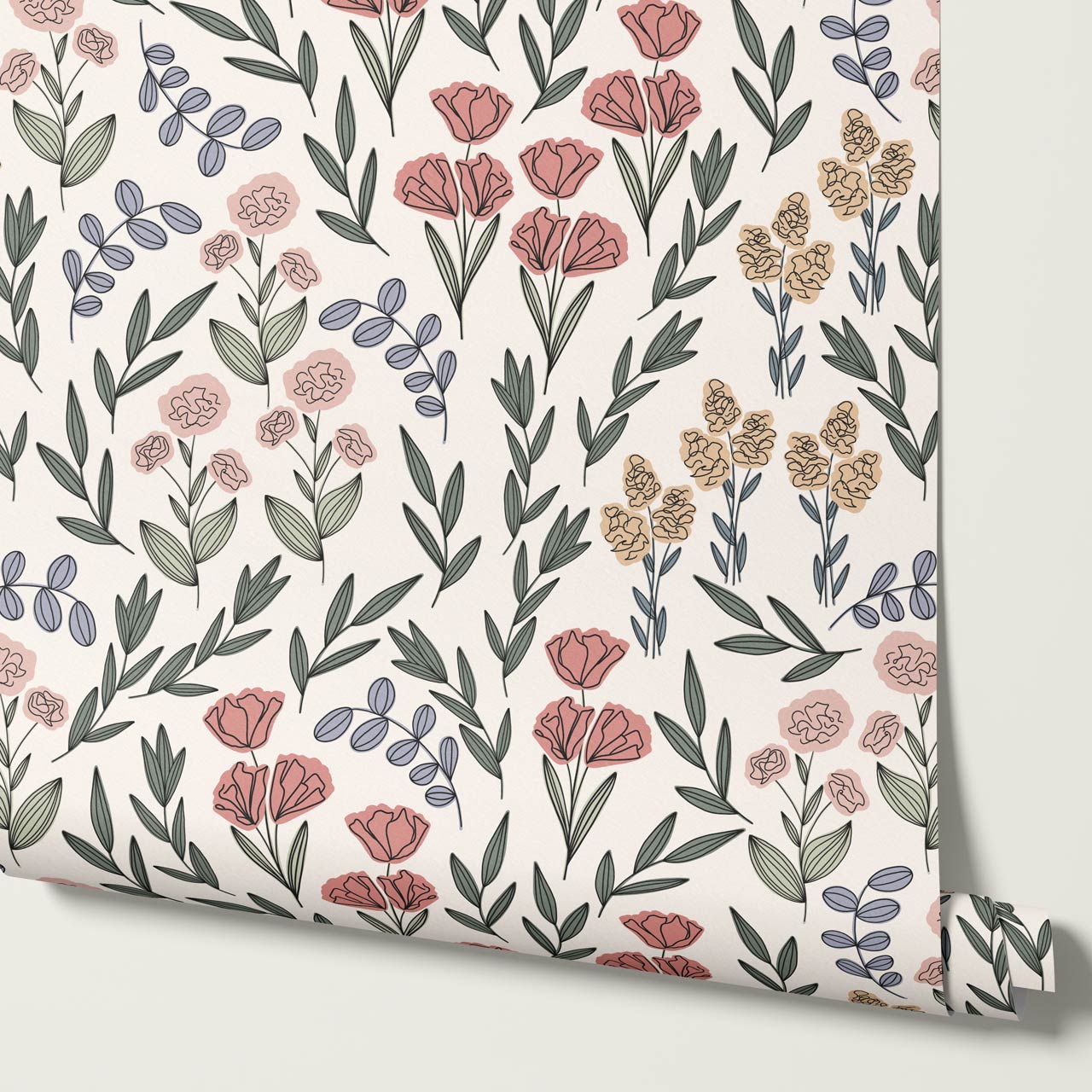 River Country Floral Blush Green Wallpaper