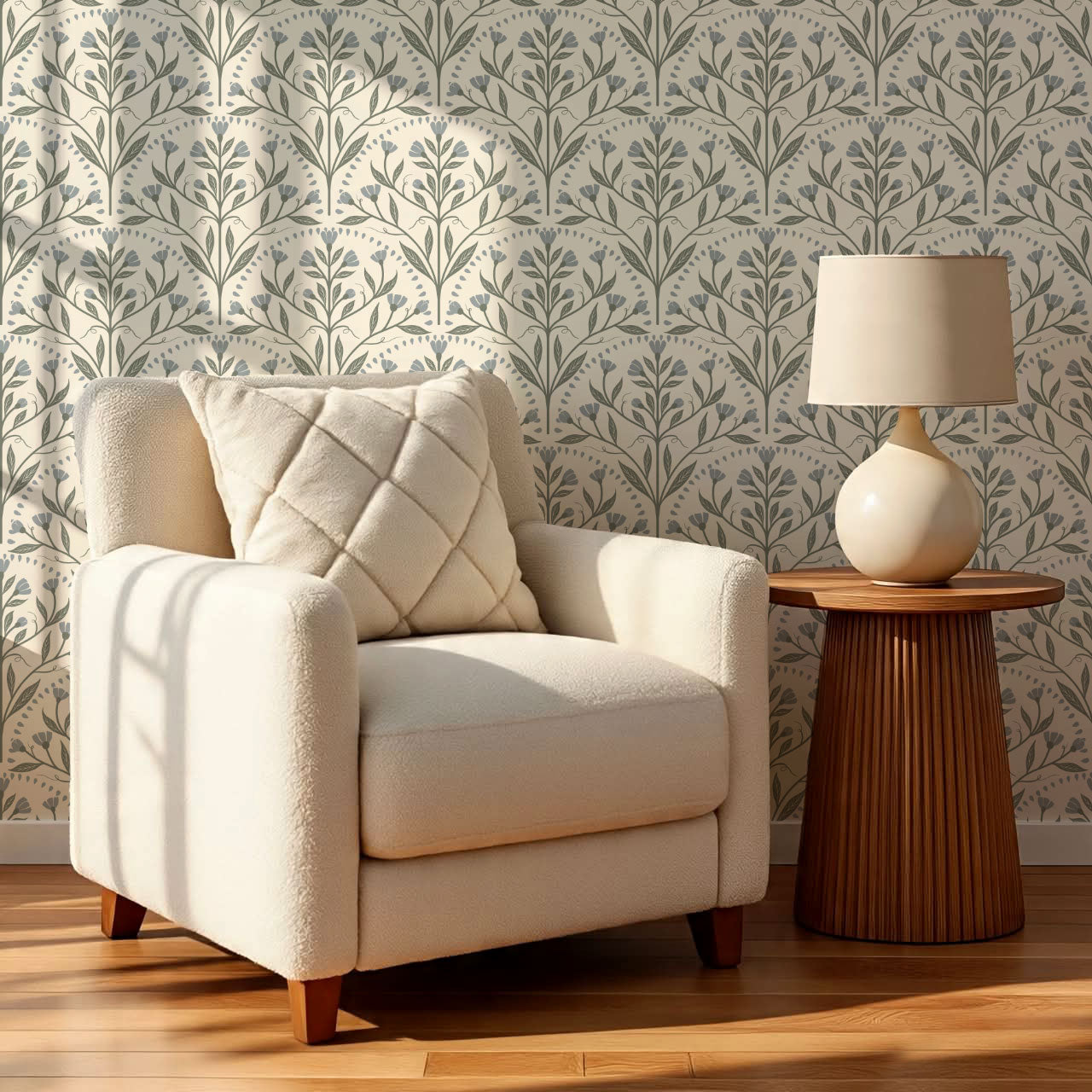 Rochelle Creeping Trellis Scallop Blue Green Wallpaper