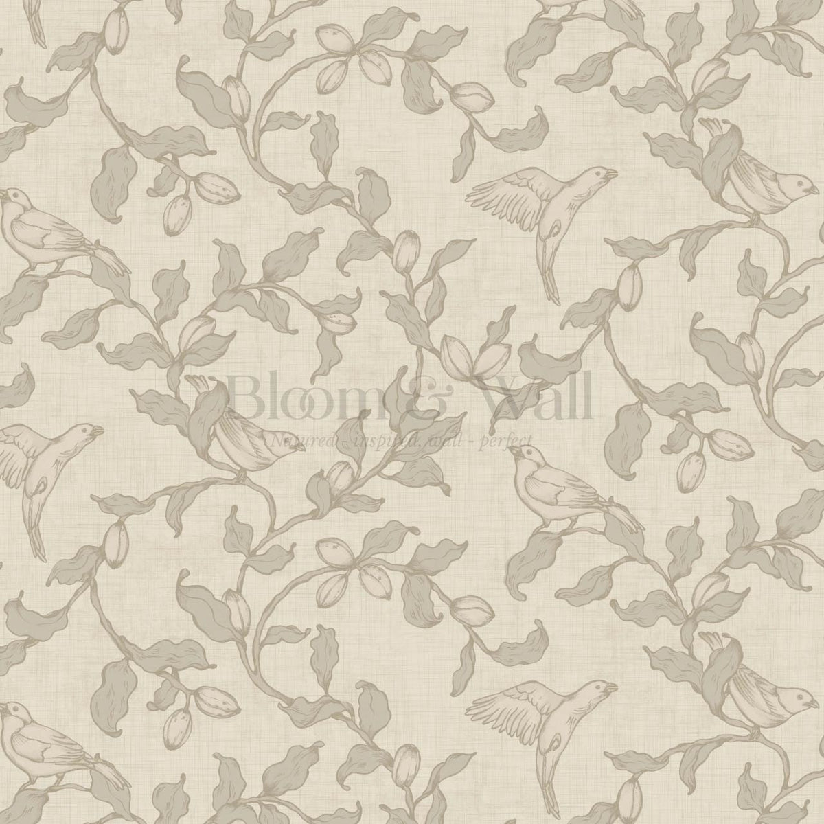 Rosallia Birdsong Branches White Coffee Olive Wallpaper