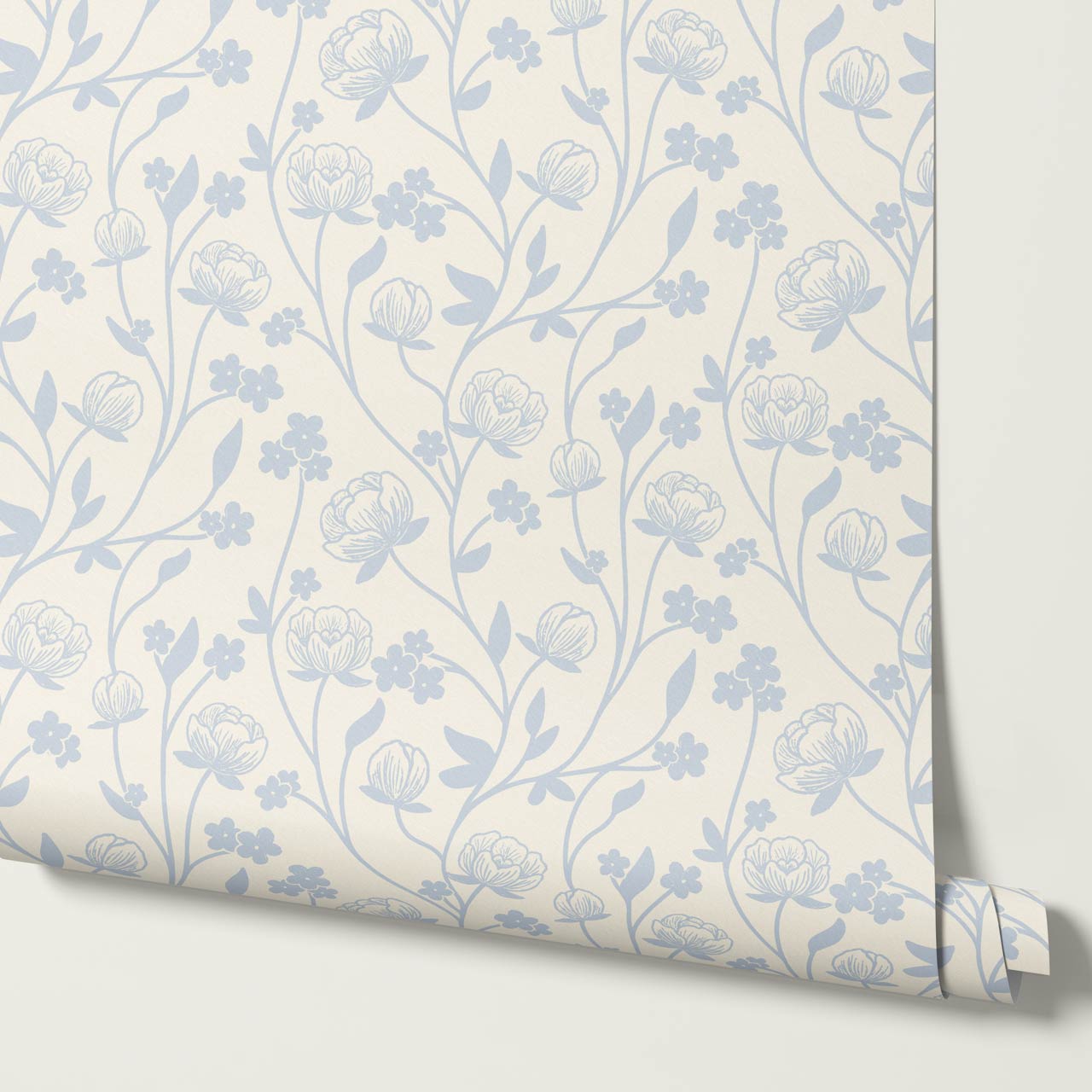 Rosario Delicate Blooms Sky Blue Cream Wallpaper