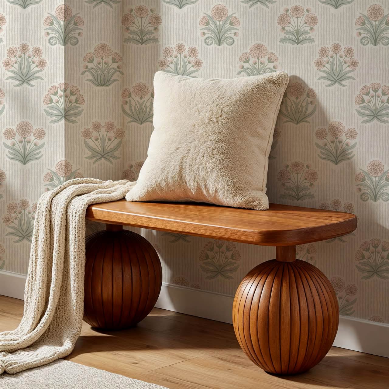 Runa Retro Prairie Folk Flower Pale Coral Ivory Wallpaper