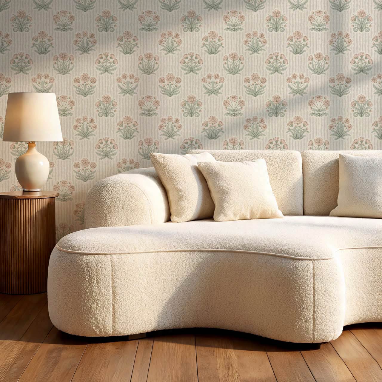 Runa Retro Prairie Folk Flower Pale Coral Ivory Wallpaper