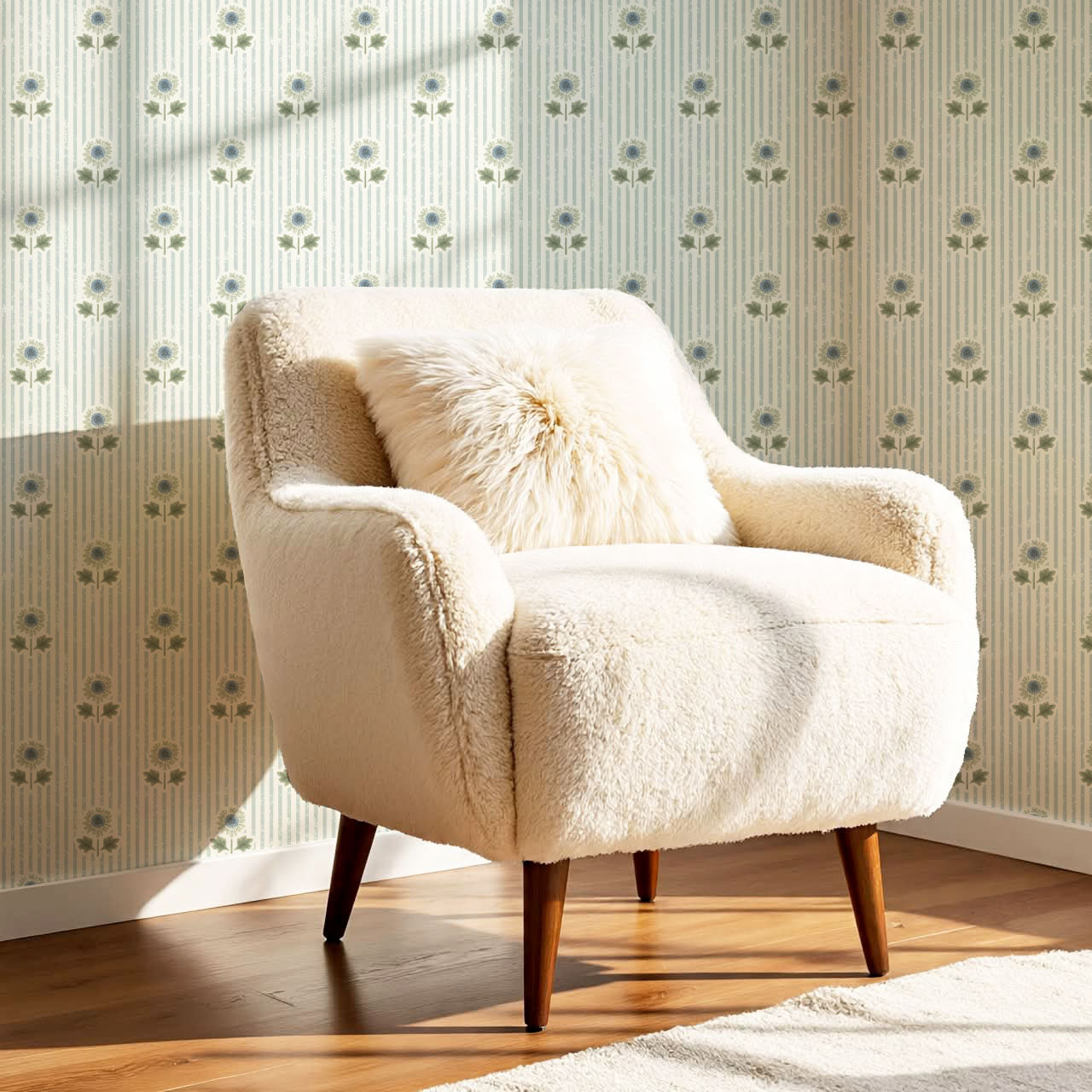 Ruth Floral Textured Stripes Sage Wallpaper