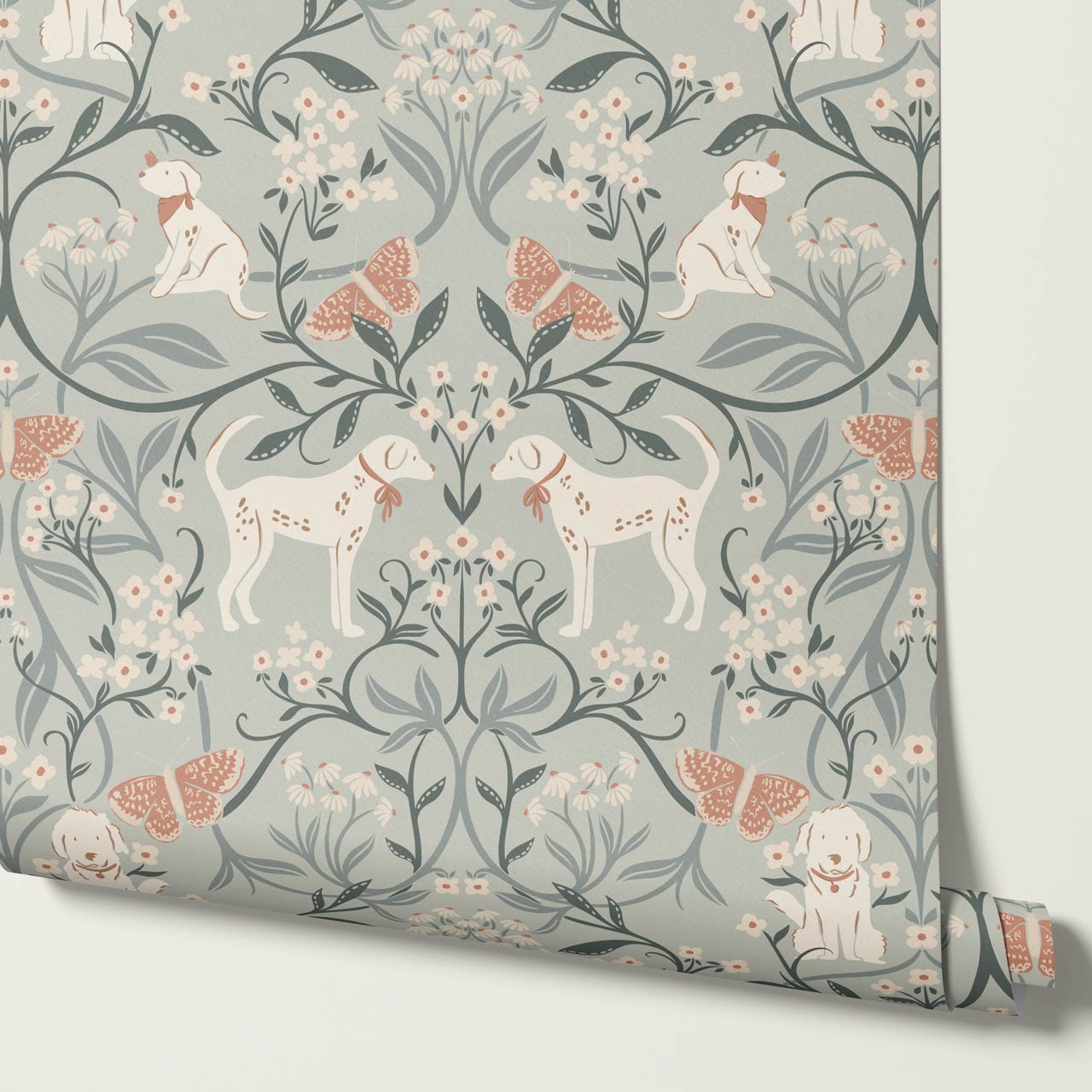Scottie Puppy Dog Damask Sage Cream Wallpaper