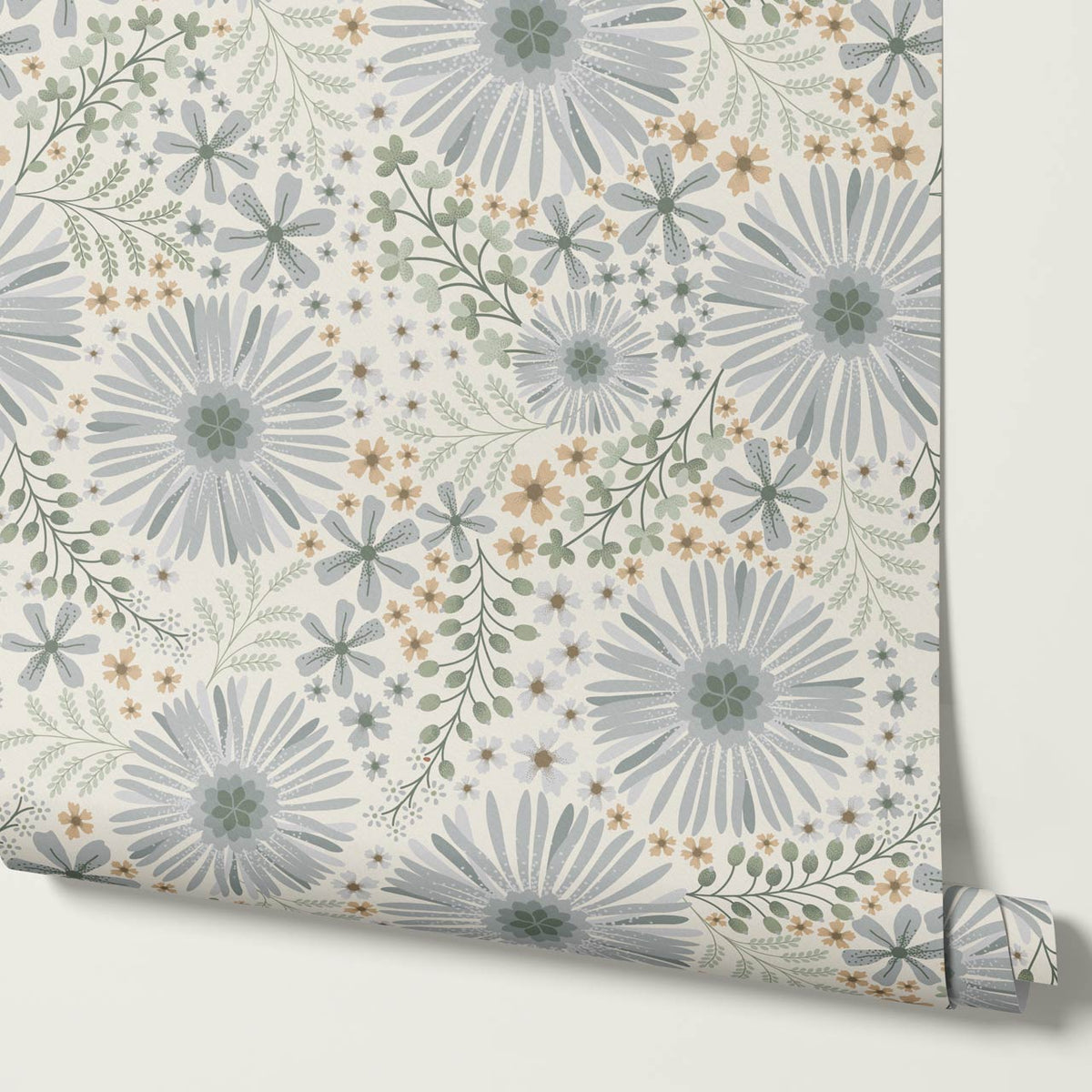 Serena Garden Flowers Pale Blue Cream Wallpaper