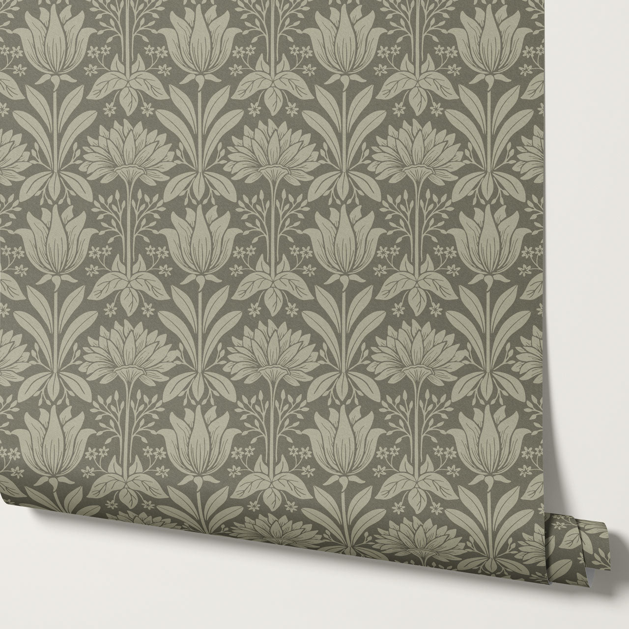 Shiloh Tulip Damask Deep Olive Wallpaper