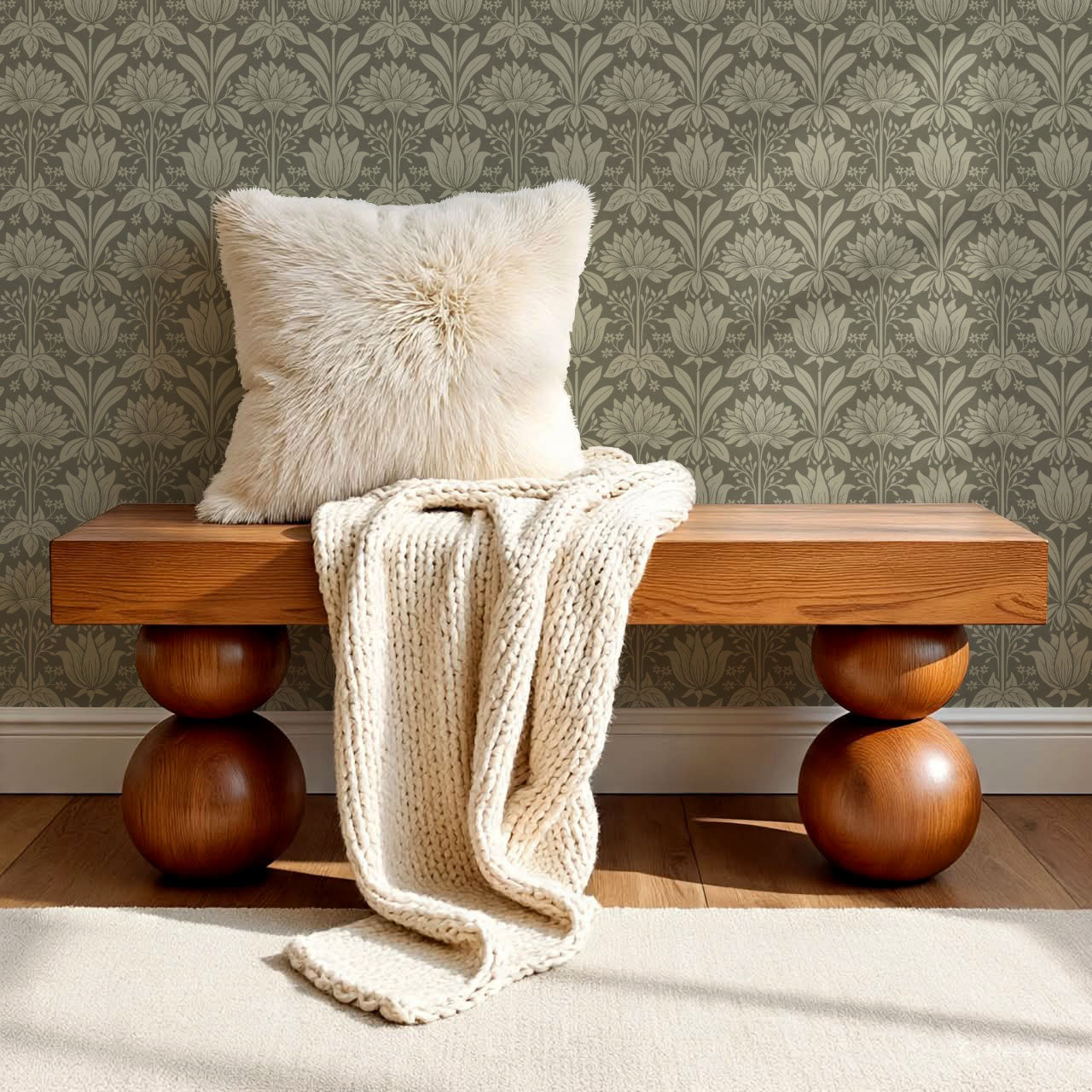 Shiloh Tulip Damask Deep Olive Wallpaper