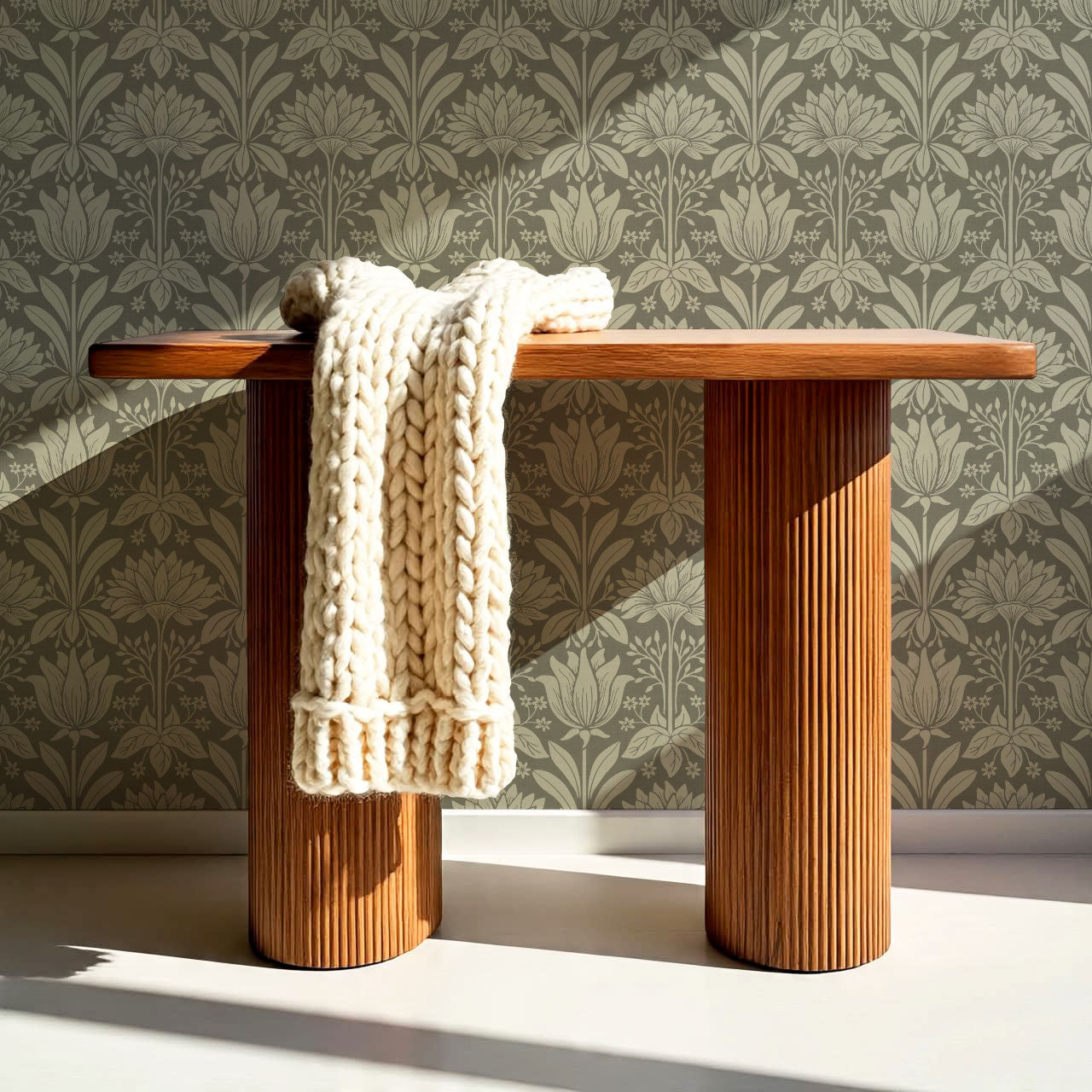 Shiloh Tulip Damask Deep Olive Wallpaper