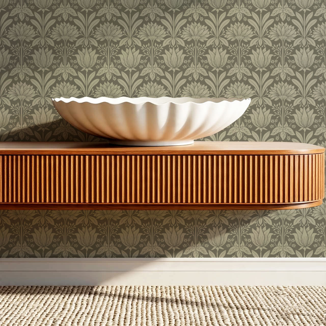 Shiloh Tulip Damask Deep Olive Wallpaper