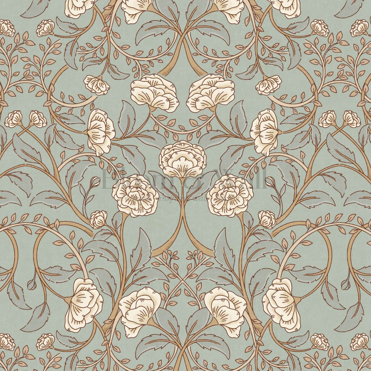 Sue Heritage Peony Floral Cyan Cream Wallpaper