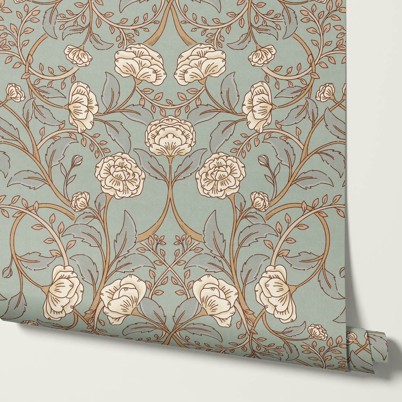 Sue Heritage Peony Floral Cyan Cream Wallpaper
