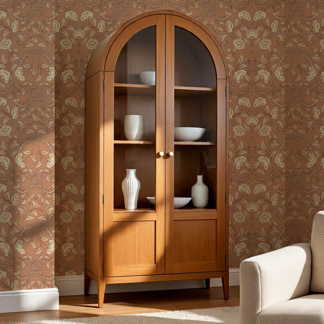 Sue Heritage Peony Floral Cinnamon Brown Wallpaper