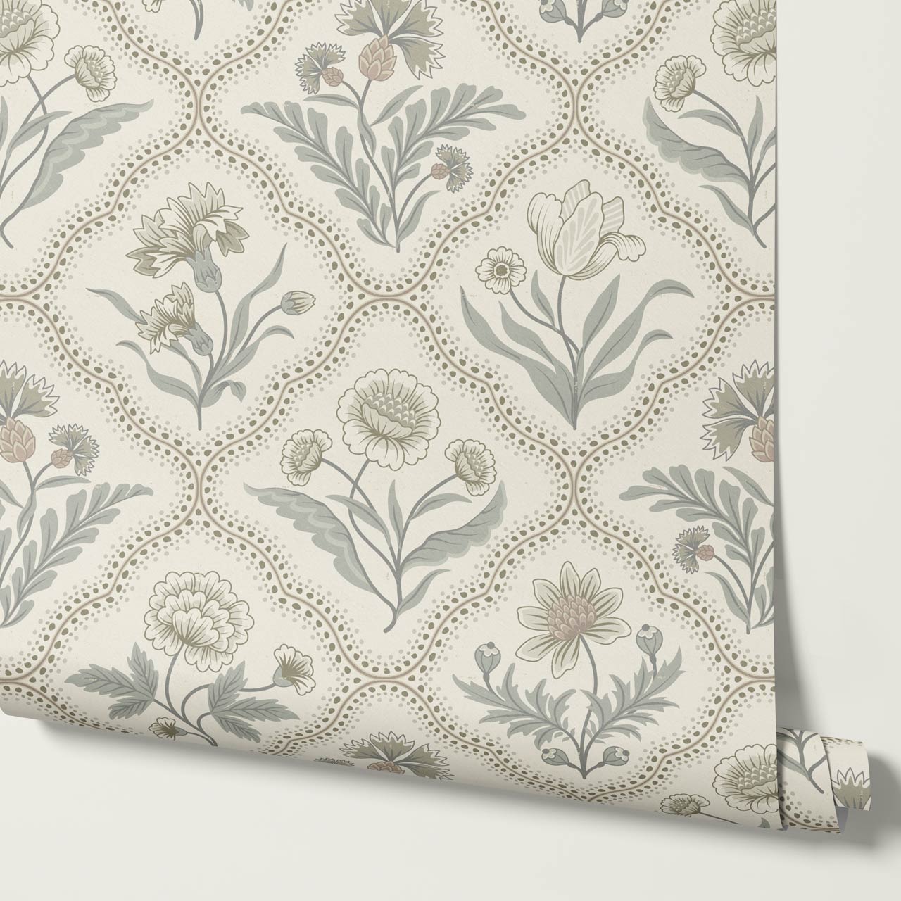Sunia Botanical Scalloped Floral Muted Sage Ivory Wallpaper