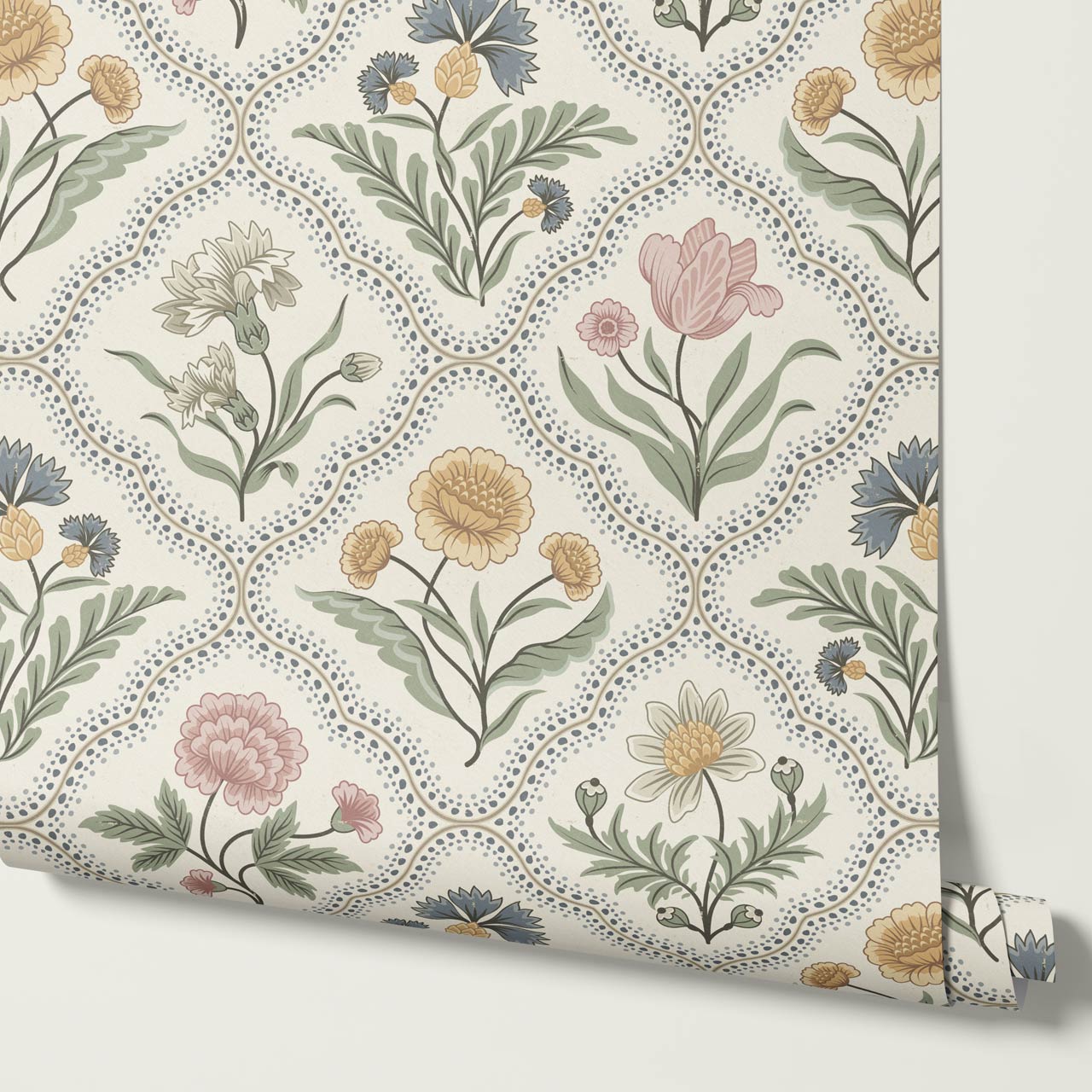 Sunia Botanical Scalloped Floral Pastel Ivory Wallpaper