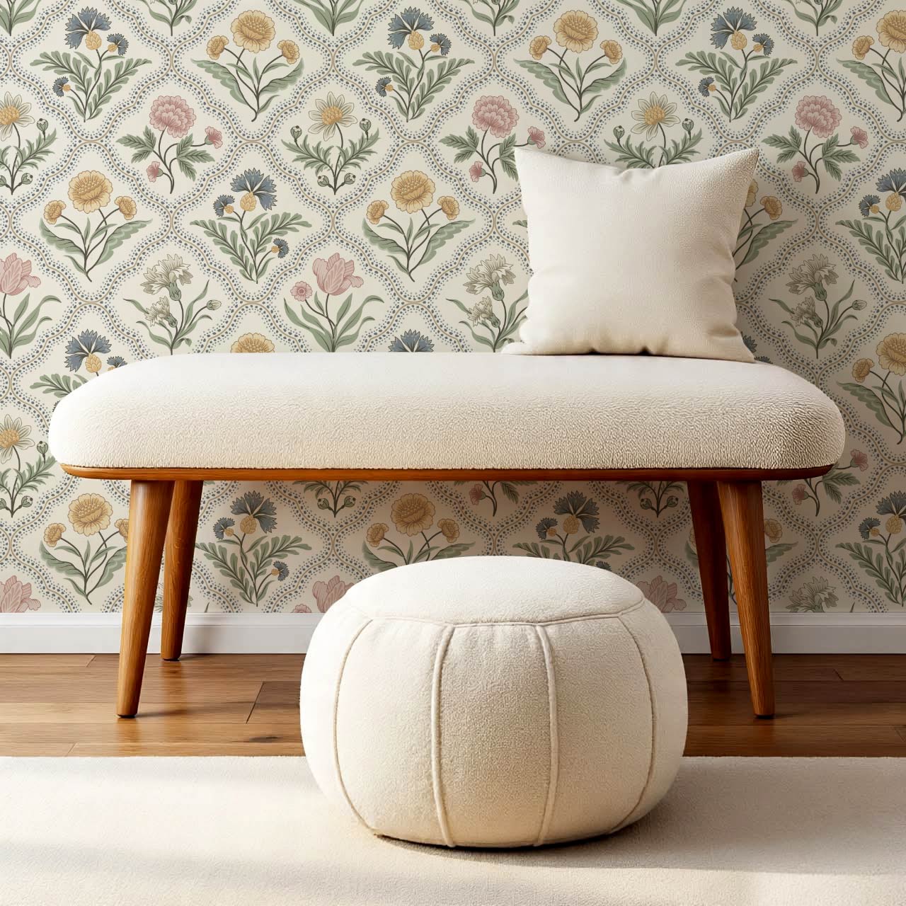 Sunia Botanical Scalloped Floral Pastel Ivory Wallpaper