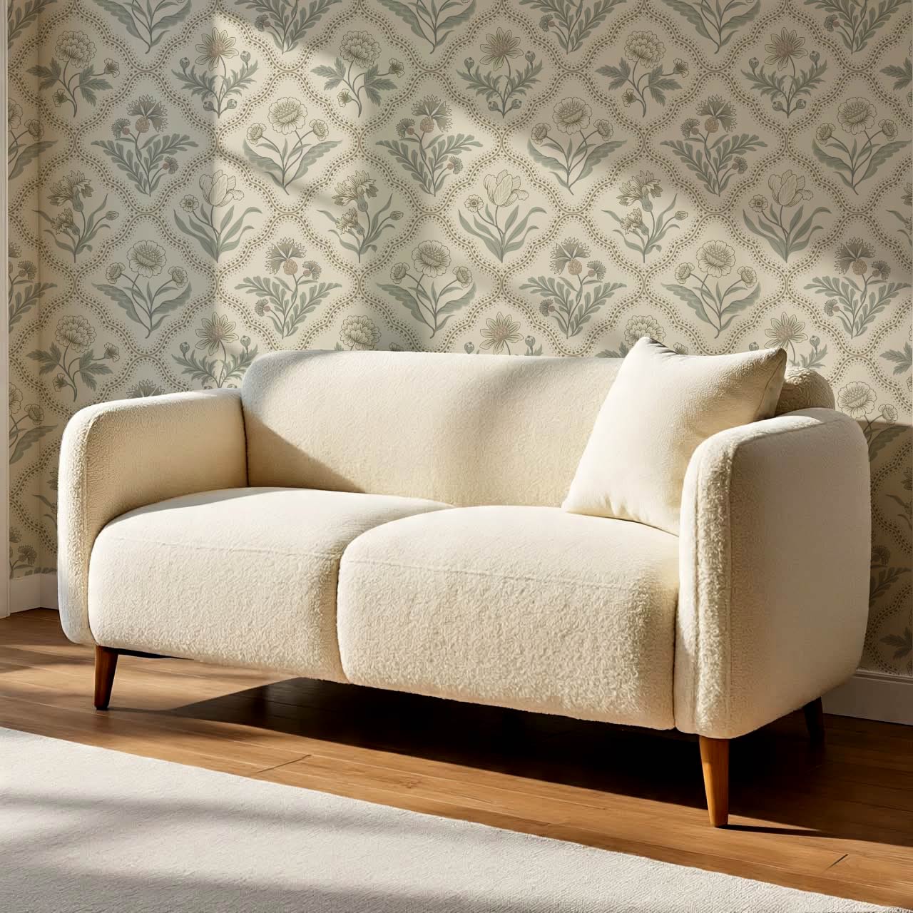 Sunia Botanical Scalloped Floral Muted Sage Ivory Wallpaper