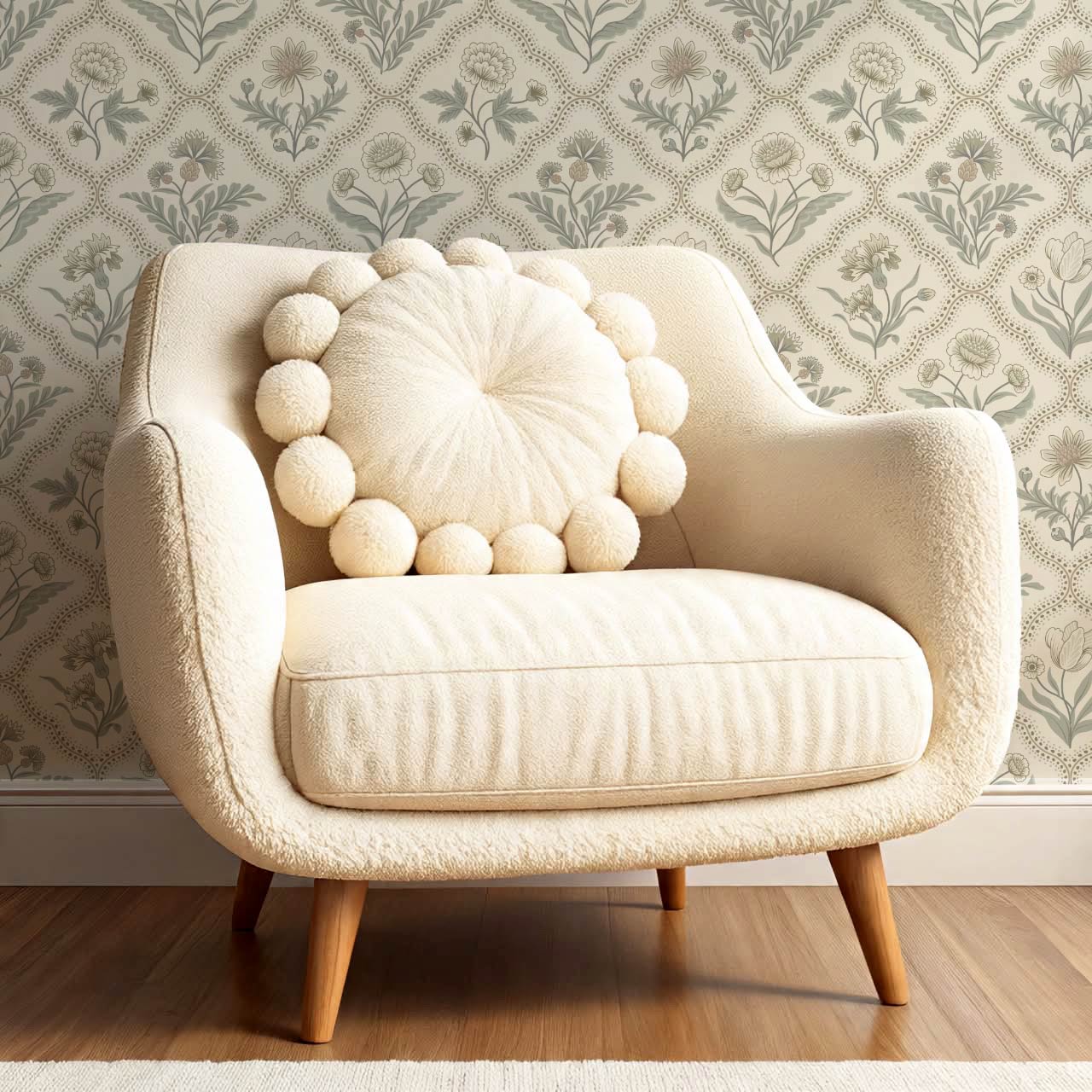 Sunia Botanical Scalloped Floral Muted Sage Ivory Wallpaper
