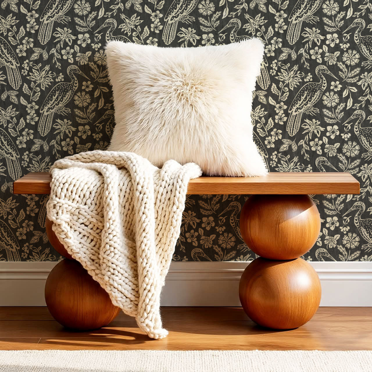 Teagan Bohemian Birds Charcoal Wallpaper