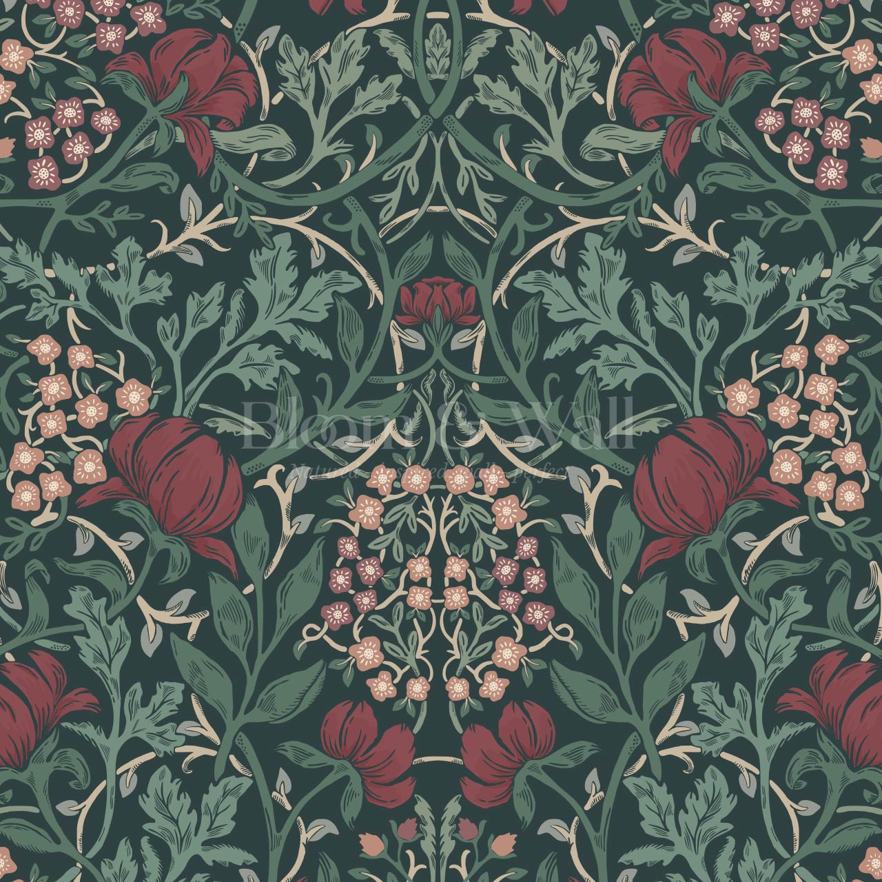 Tiphaine Vintage Twining Blooms Green Red Wallpaper