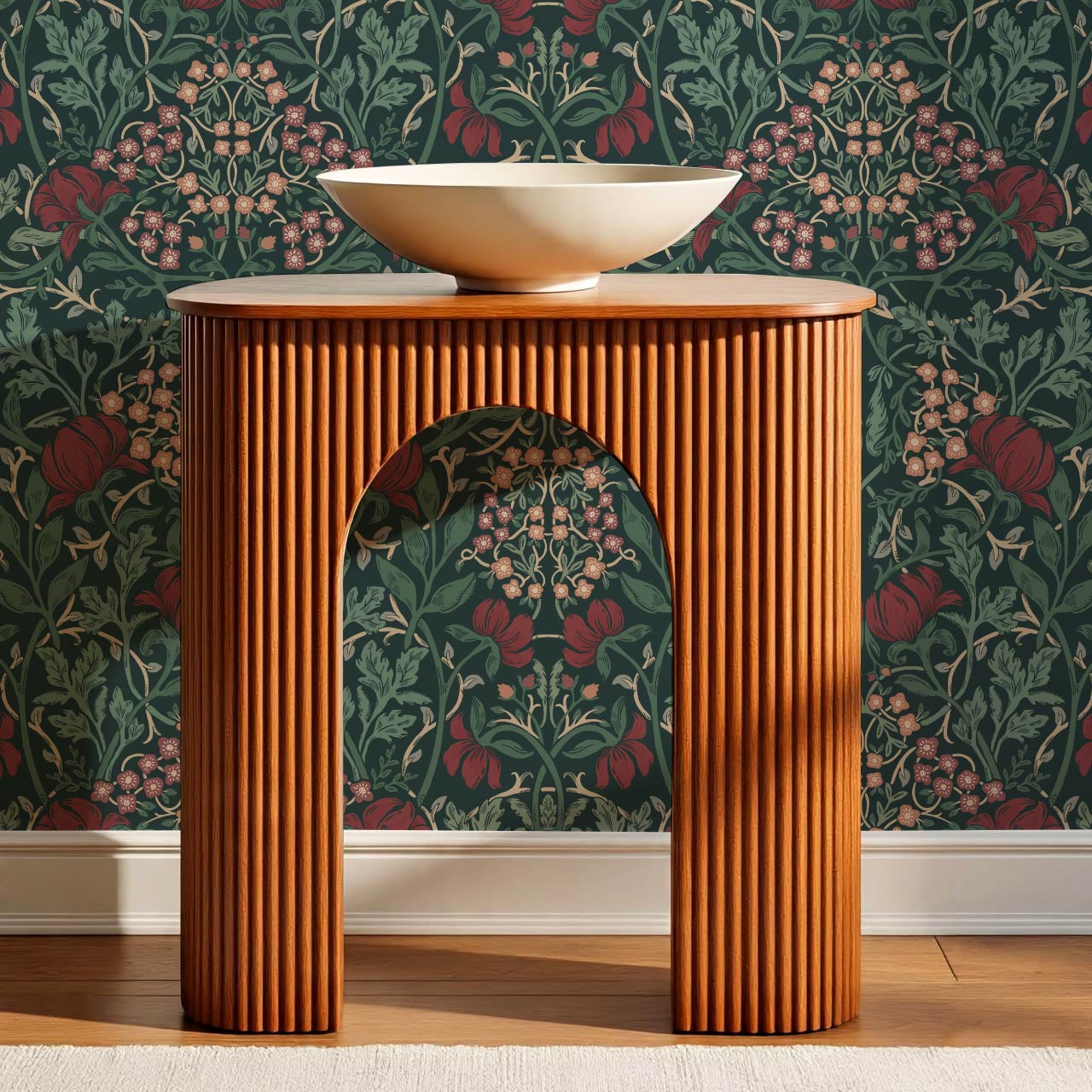 Tiphaine Vintage Twining Blooms Green Red Wallpaper