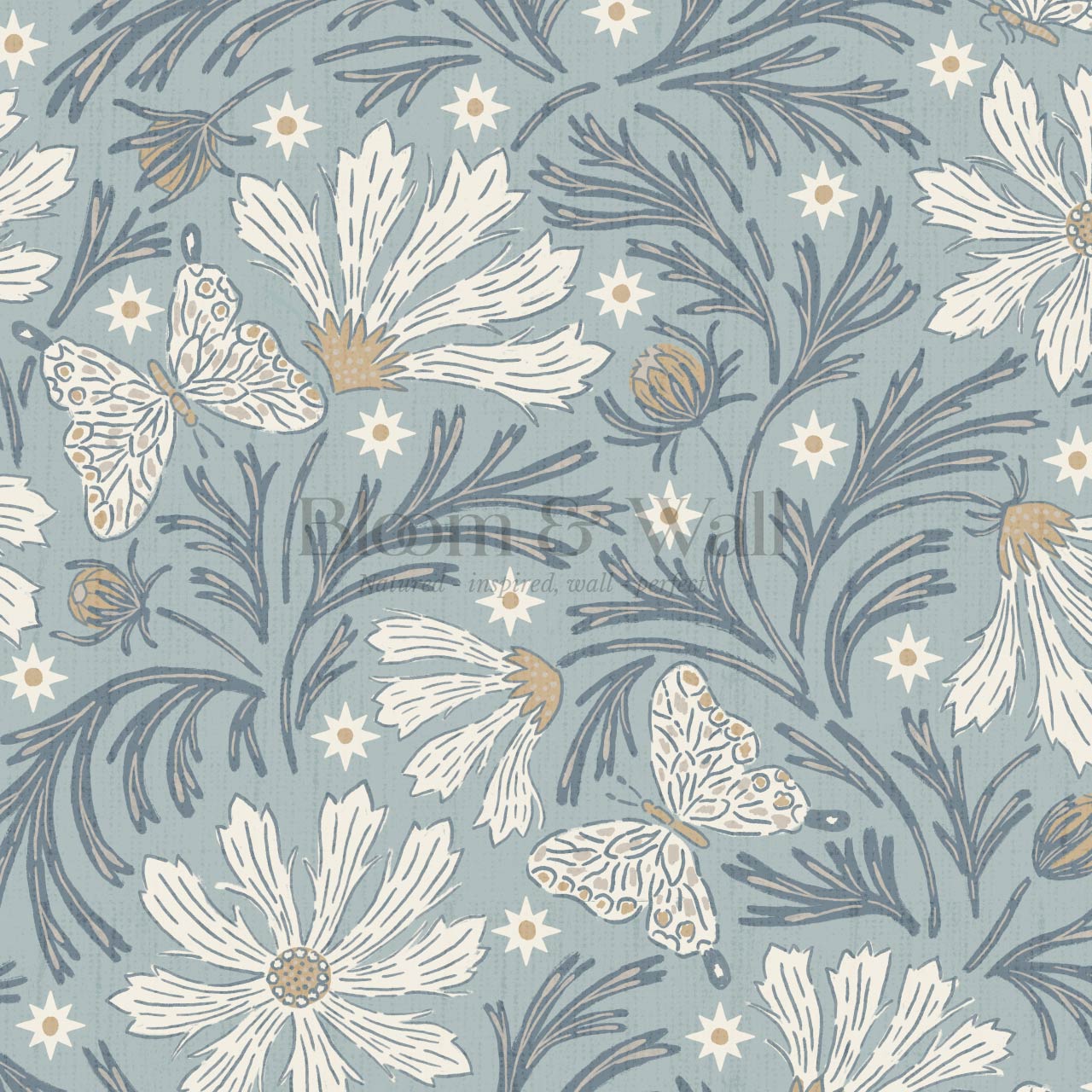 Titi Cosmos and Stars Slate Blue Cream Wallpaper