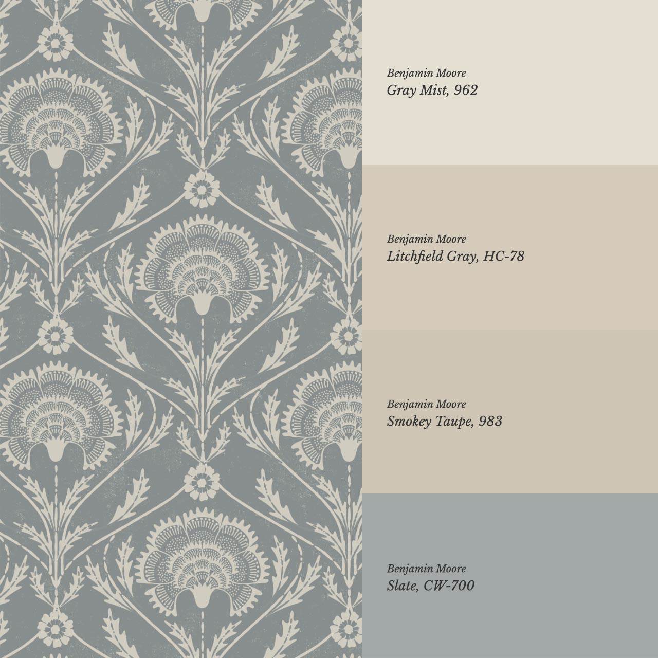 Tomasa Boho Glam Floral Damask Gray Slate Ivory Wallpaper