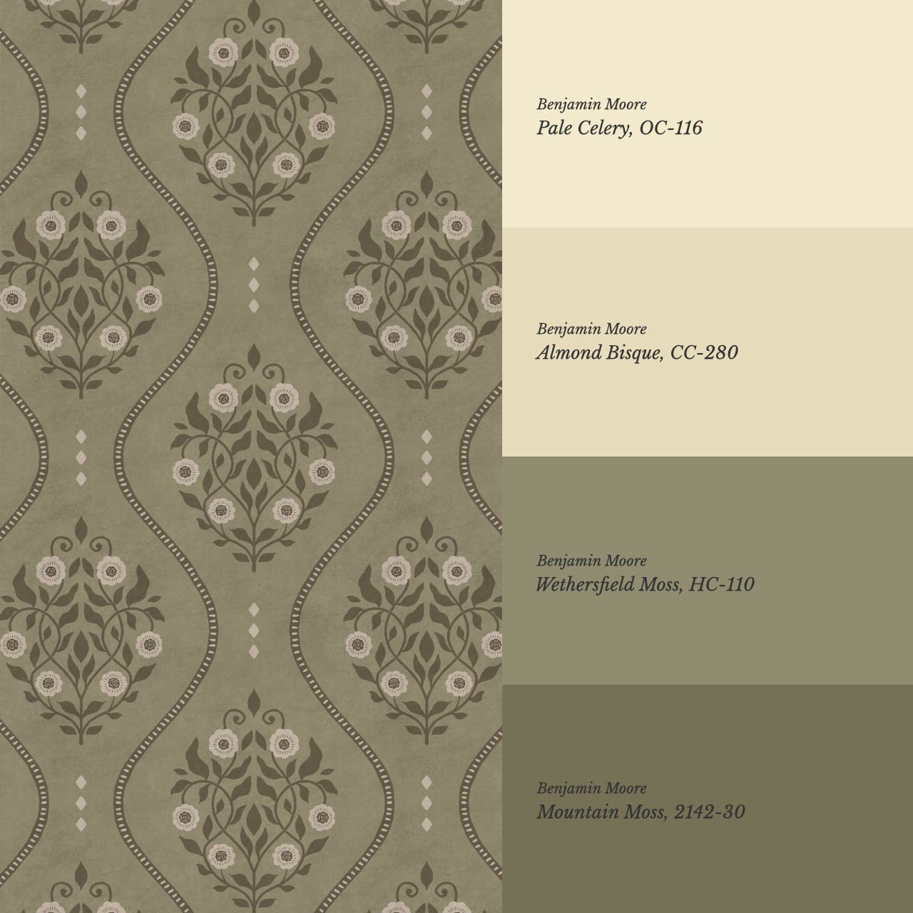 Vela Heritage Bellvine Green Olive Moss Wallpaper