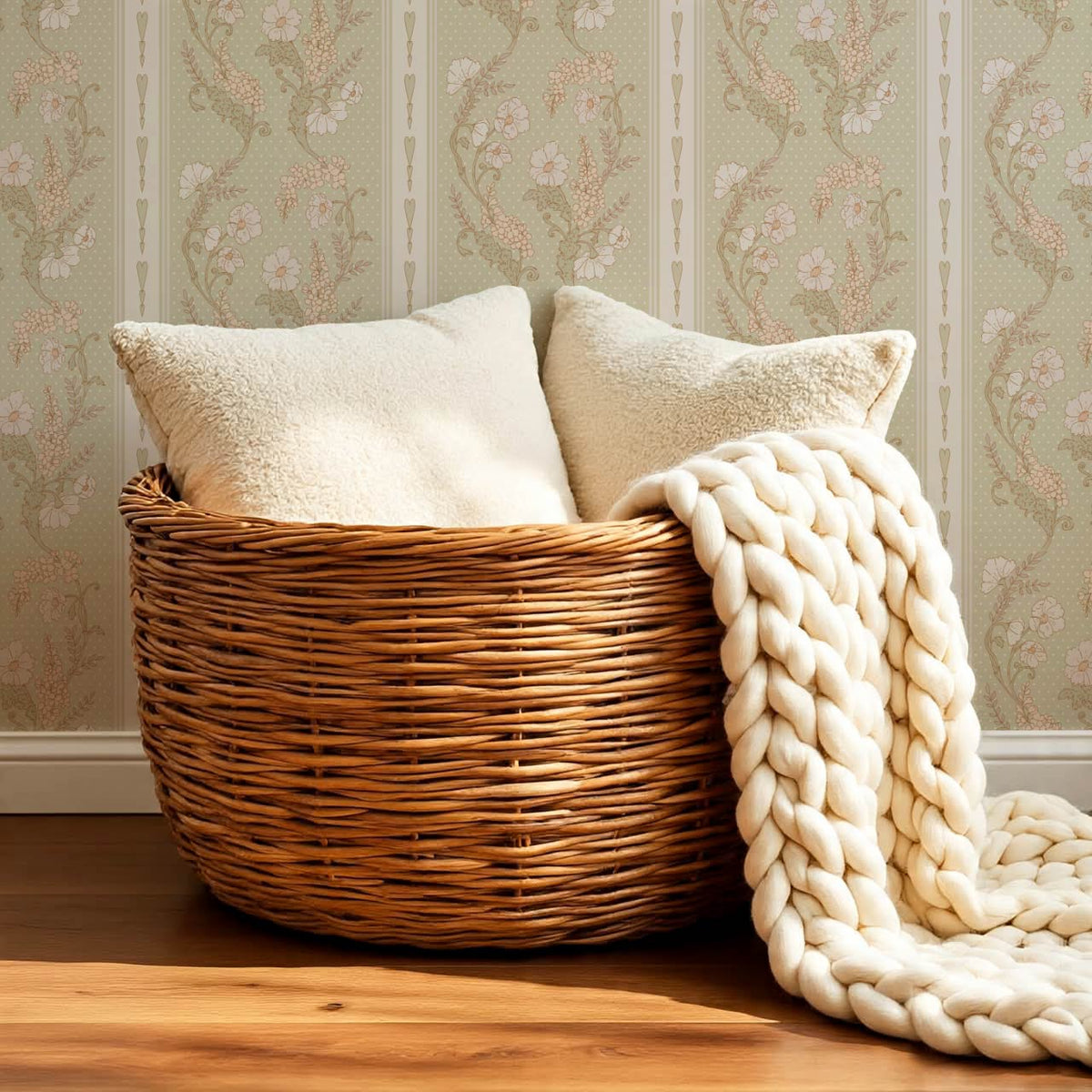 Veronica Fanciful Vines Soft Sage Coral Wallpaper