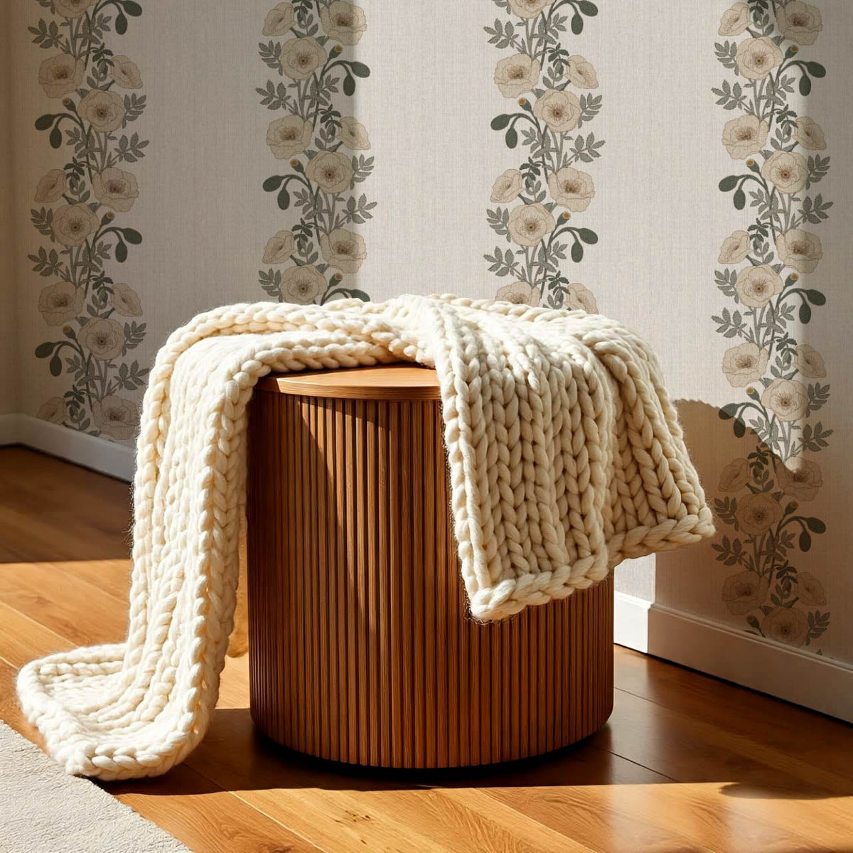 Vessa Poppy Garland Olive Green Ivory Wallpaper