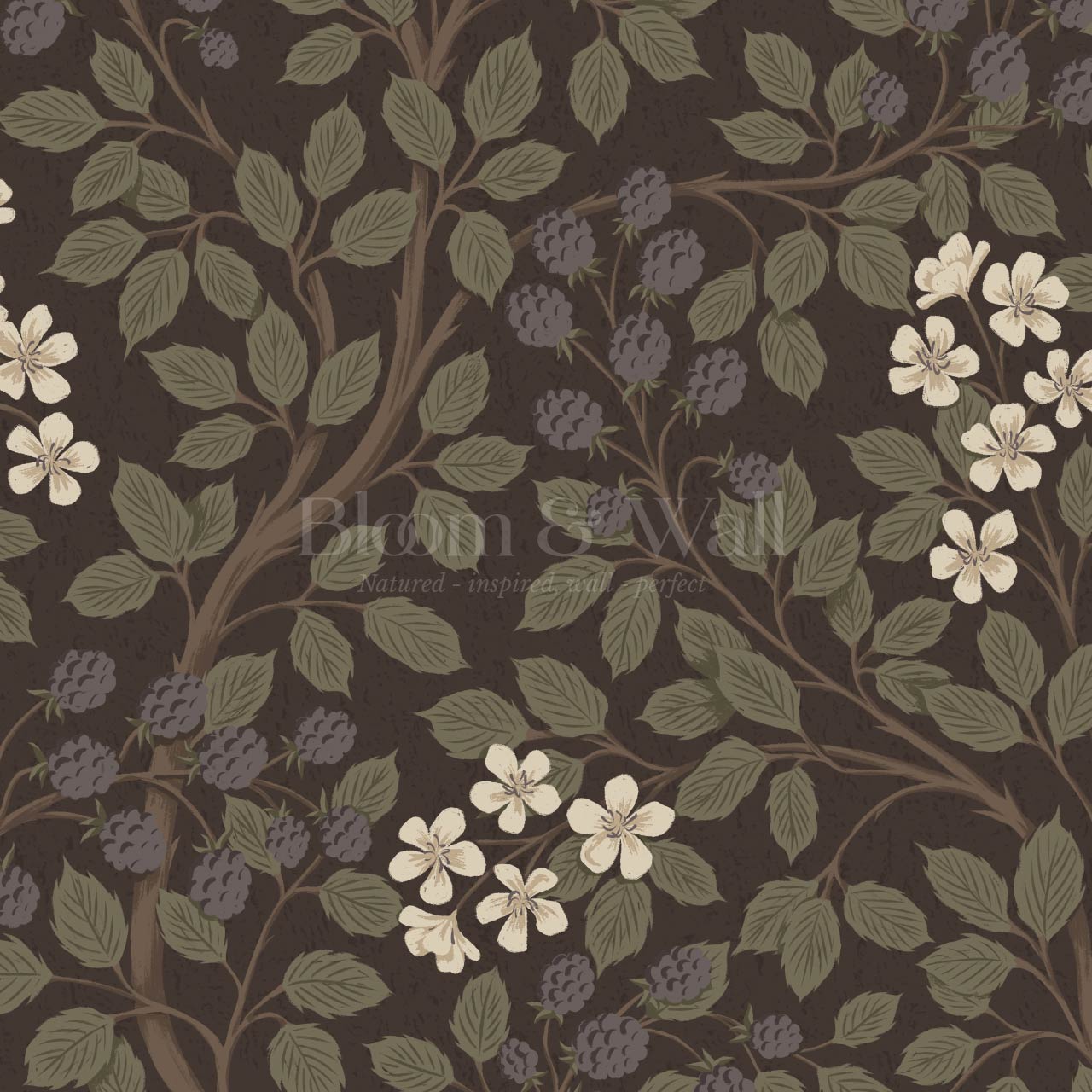 Vivian Blackberry Olive Deep Brown Wallpaper