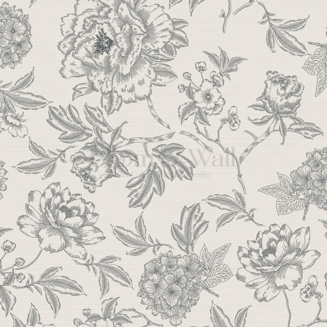 Vivienne Peony and Hydrangea Garden Gray Wallpaper