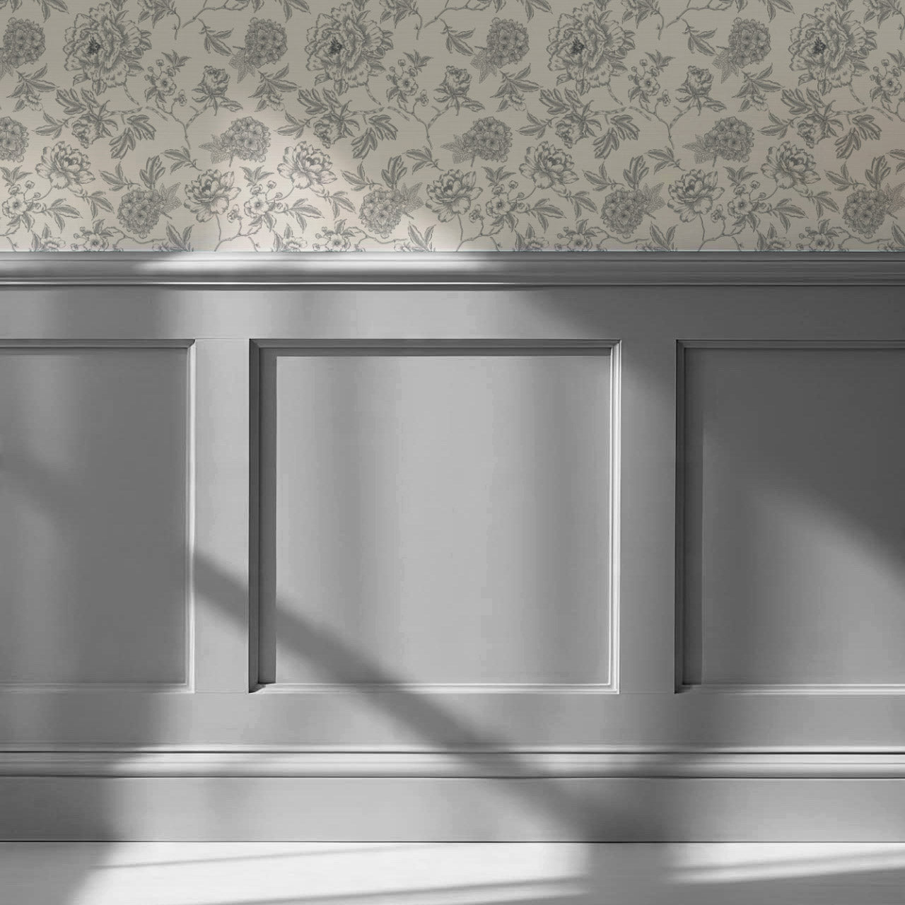 Vivienne Peony and Hydrangea Garden Gray Wallpaper