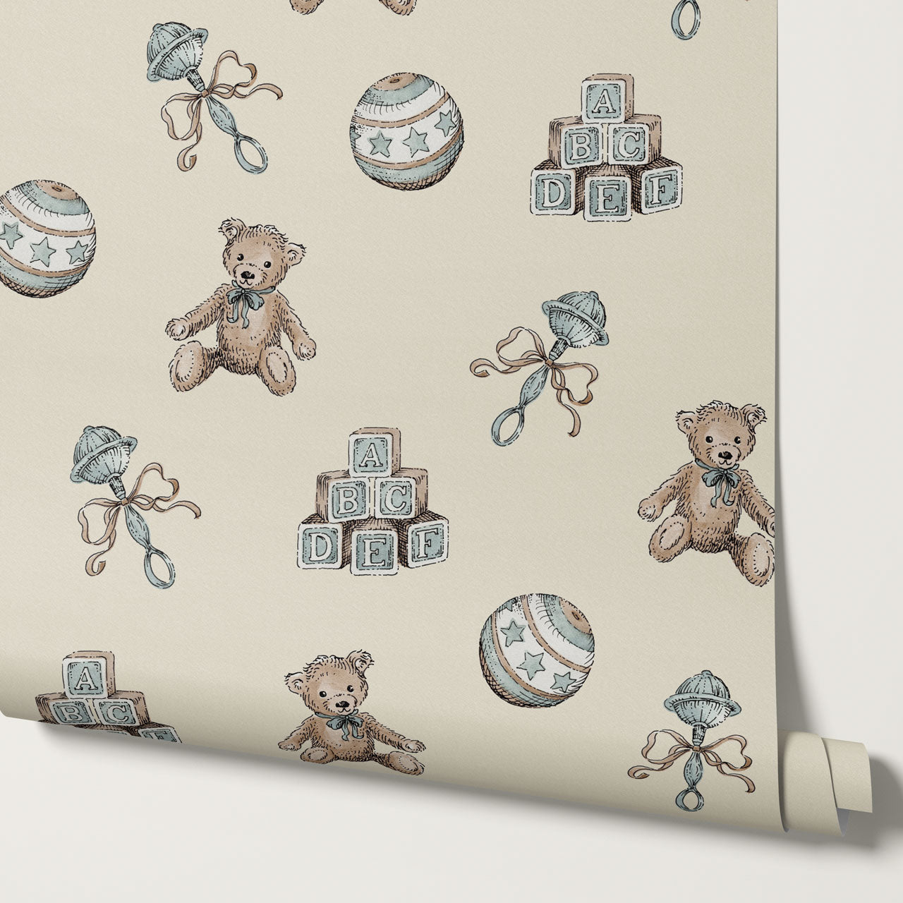Willow Vintage Toys Antique Teal Brown Wallpaper