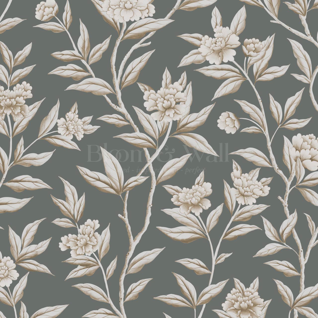 Yvette Peony Whisper Chinoiserie Deep Olive Taupe Wallpaper