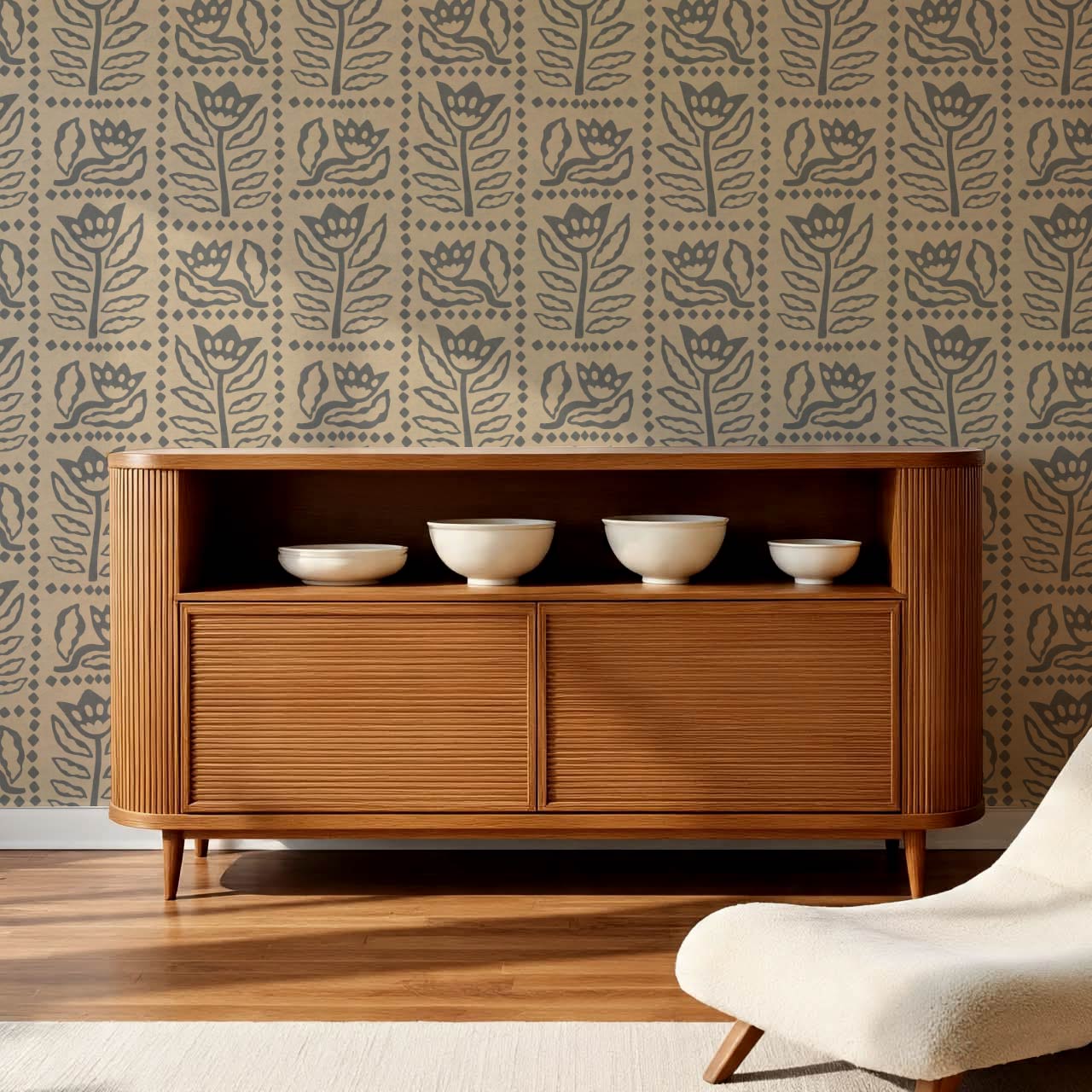 Zaira Floral Folk Art Grid Almond Gray Wallpaper