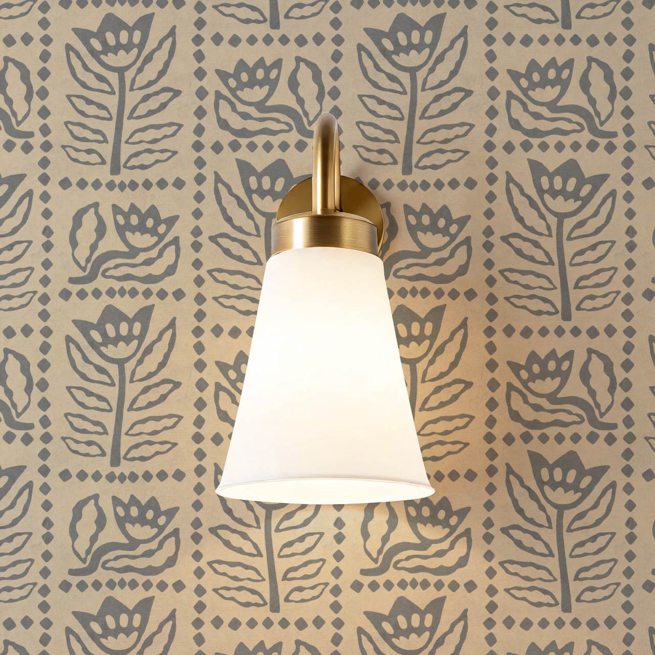 Zaira Floral Folk Art Grid Almond Gray Wallpaper