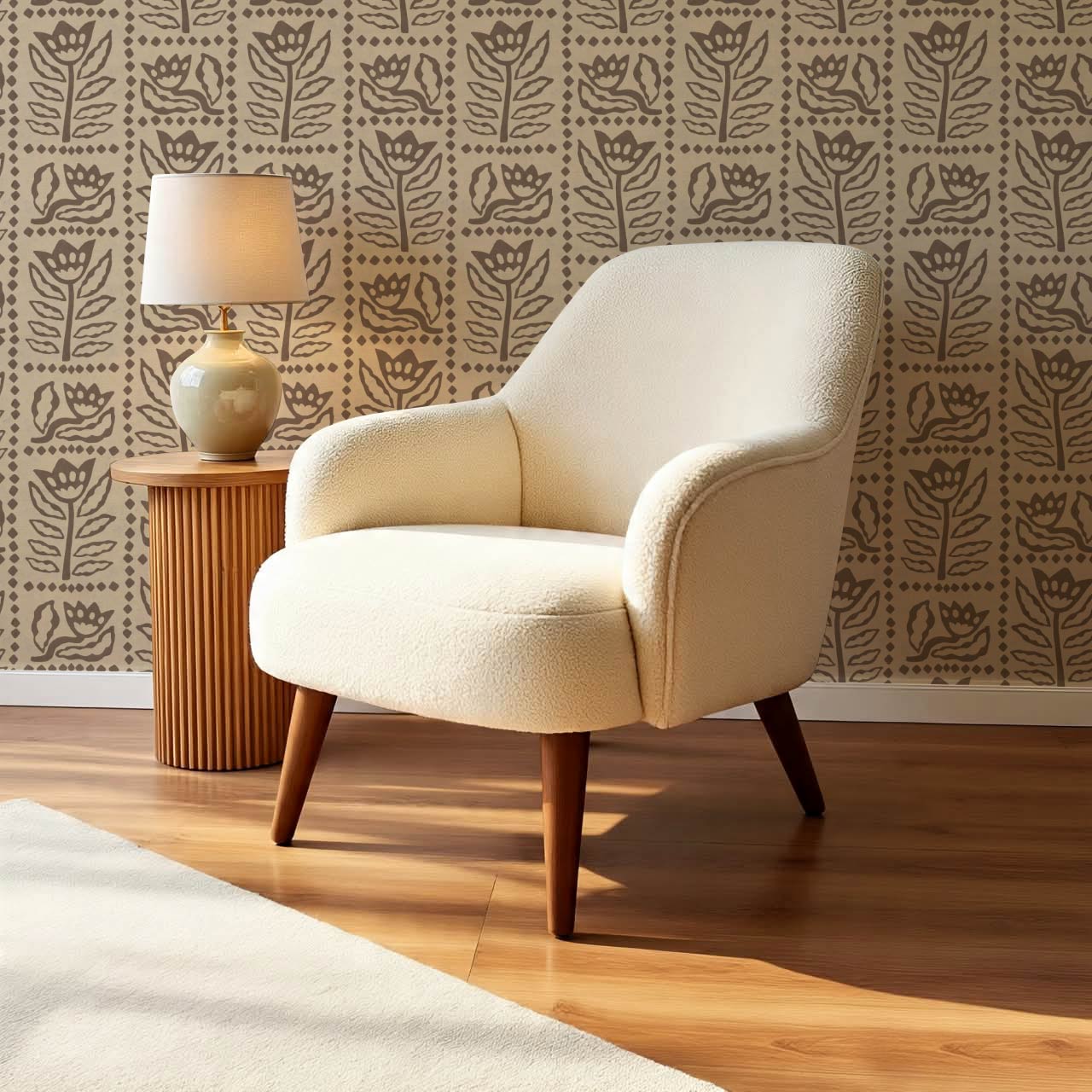 Zaira Floral Folk Art Grid Beige Cocoa Wallpaper