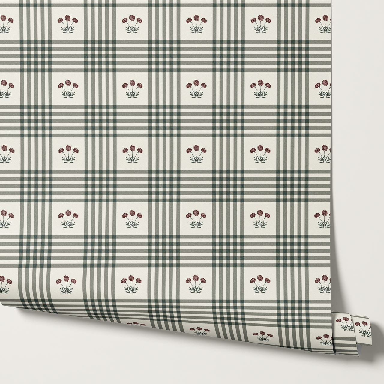 Zoe Marigolds Tartan Plaid Check Forest Cream Wallpaper