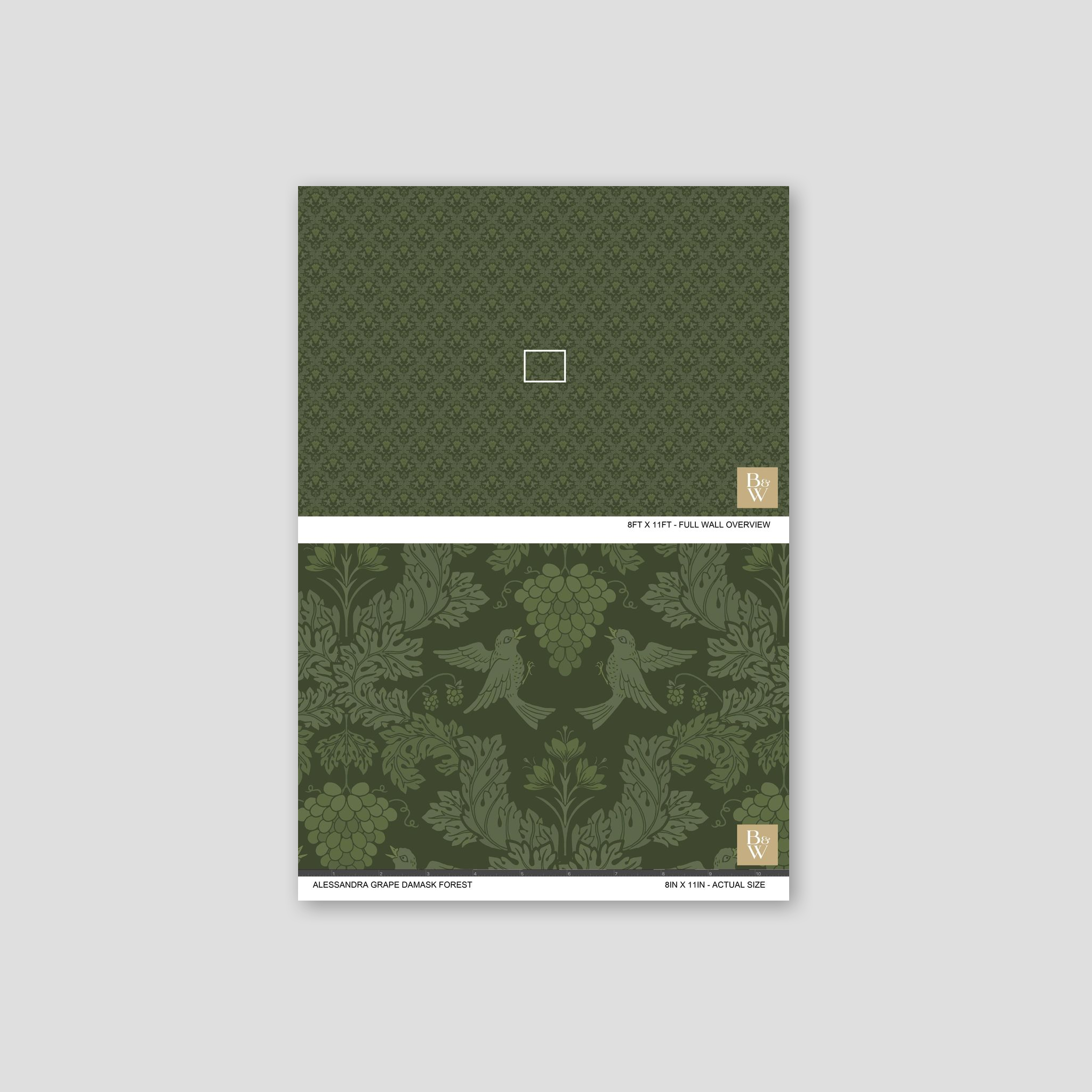 Alessandra Grape Damask Forest wallpaper with green botanical and bird motifs.