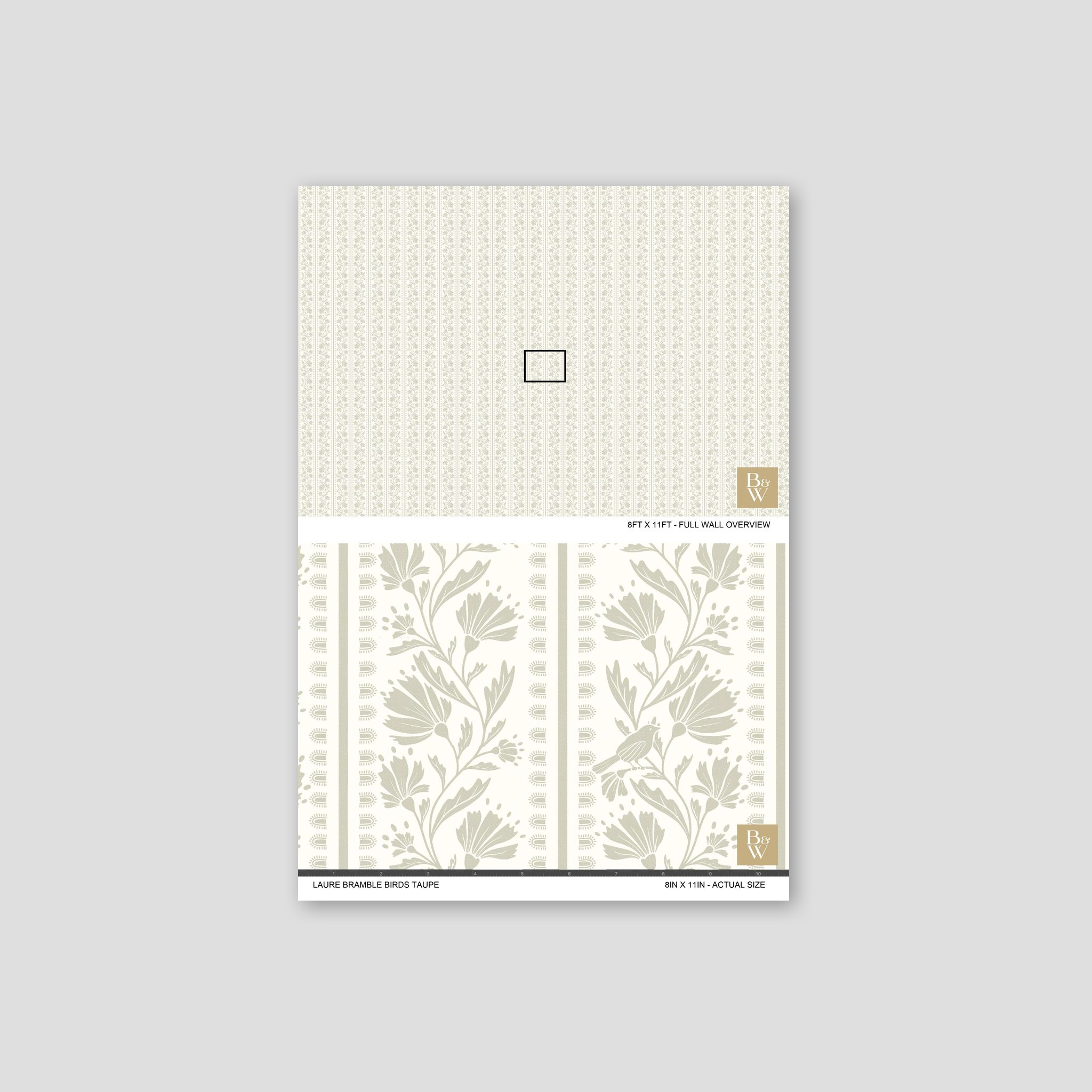 Taupe floral wallpaper sample with delicate botanical motifs on soft background.