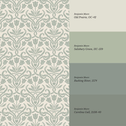 April Tulips Heart Damask Green Gray Wallpaper