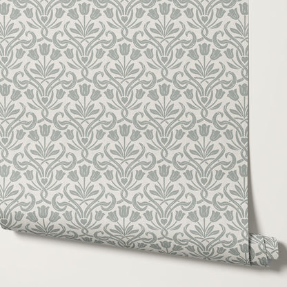 April Tulips Heart Damask Blue Gray Wallpaper