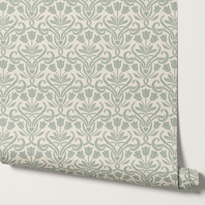 April Tulips Heart Damask Green Gray Wallpaper