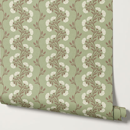 Allegra Floral Vertical Vines Laurel Green Wallpaper
